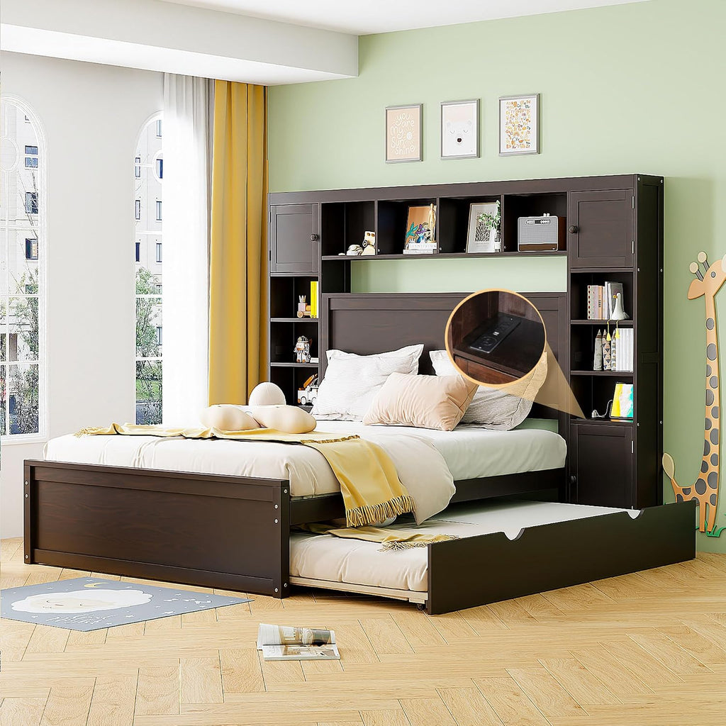 MERITLINE Queen Platform Bed with Storage Headboard,Trundle and Drawers,Solid Wood Queen Bed Frame with Charging Station and Storage for Adults(Espresso)