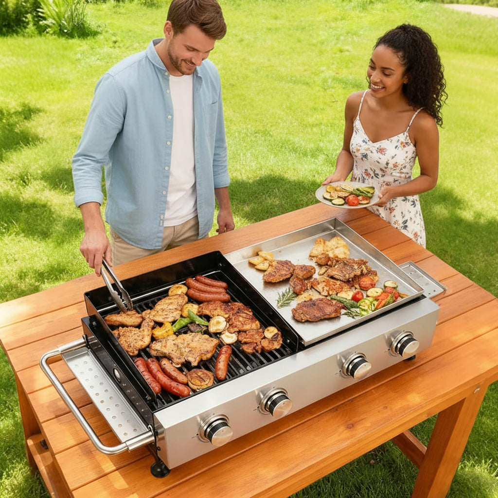 CIG GARDEN 2-Burner Propane Gas Grill & Plancha Combo, 38,200 BTU Outdoor BBQ with Cast Iron Grates - Portable Grill for Backyard, Balcony, Camping