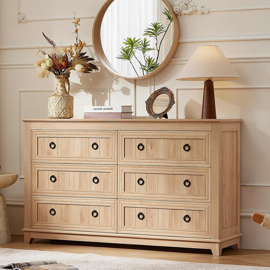 Joaxswe 6 Drawers Dresser for Bedroom, Farmhouse 54 Inch Wide Wood Dresser Chest of Drawers, Vintage Design TV Stand, Rustic Storage Dressers Organizer for Bedroom, Living Room, Hallway - Natural Wood