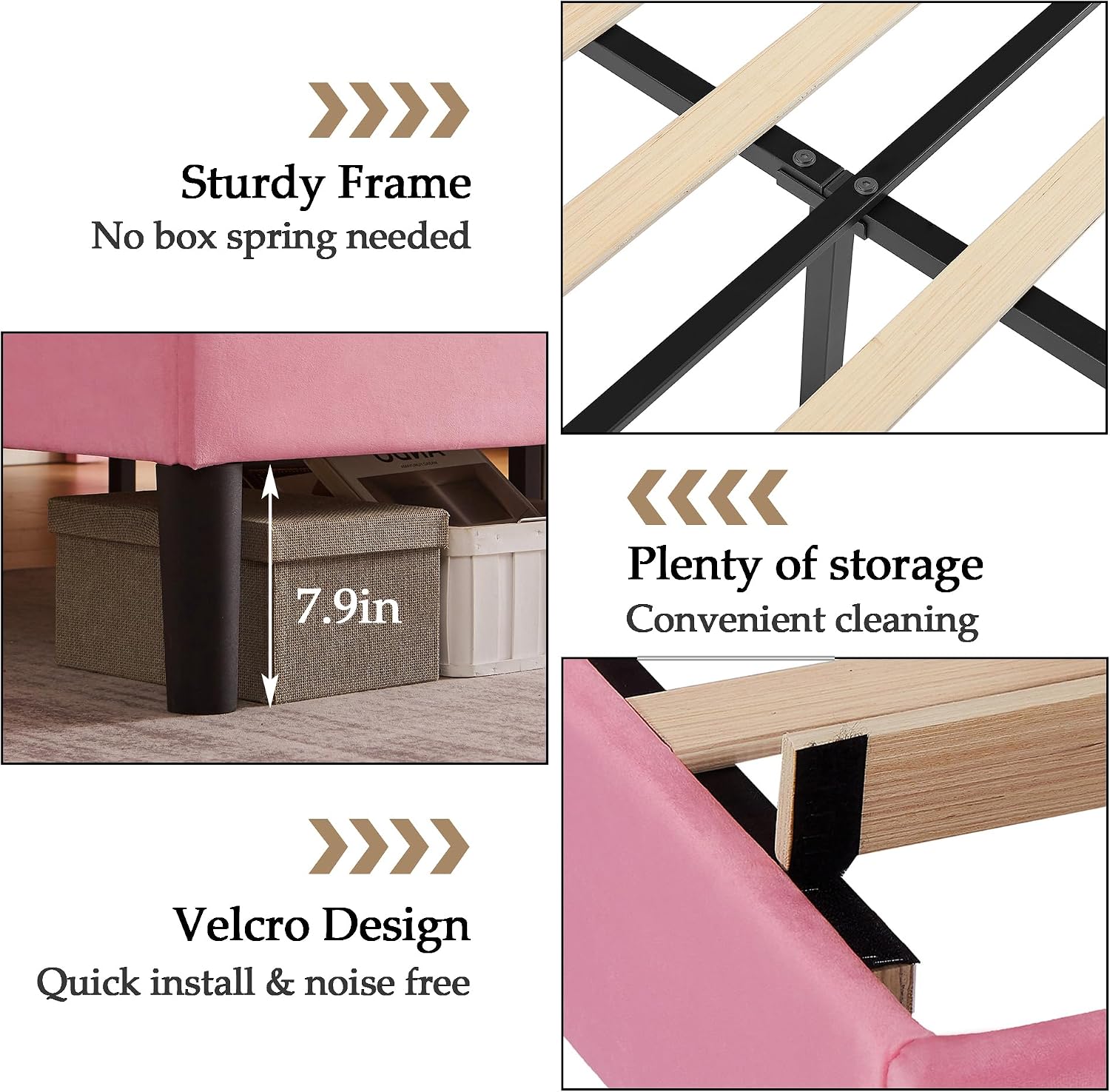 VECELO Queen Bed Frame, Platform Bed Frame with Adjustable Height Upholstered Headboard, Heavy-Duty Frames and Strong Wooden Slats Support, Non-Slip and Noise-Free, Easy Assembly, Pink