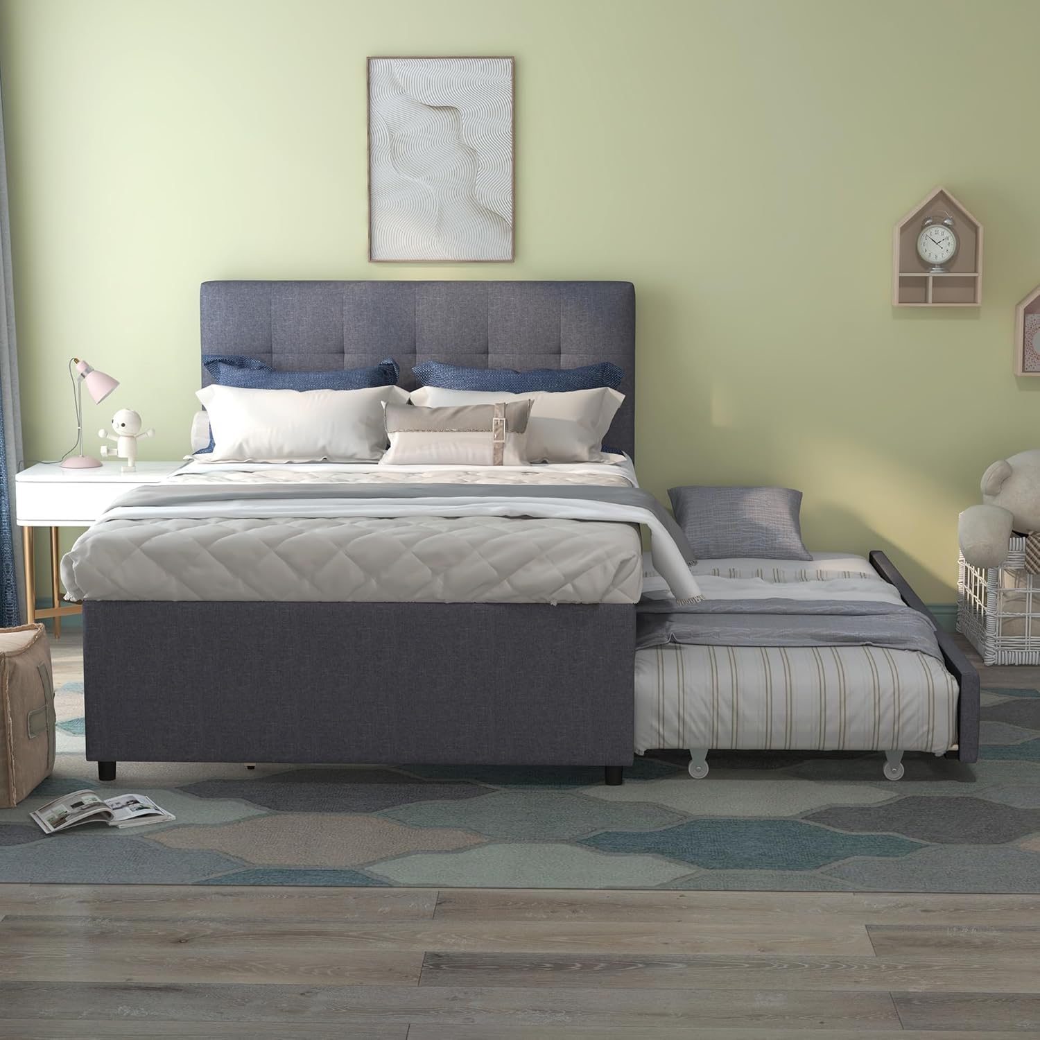 civama Full Bed with Trundle, Upholstered Full Over Twin Pull Out Platform Bed with Soft Linen Headboard & Wooden Slat Support for Bedroom Apartment, No Box Spring Needed, Grey