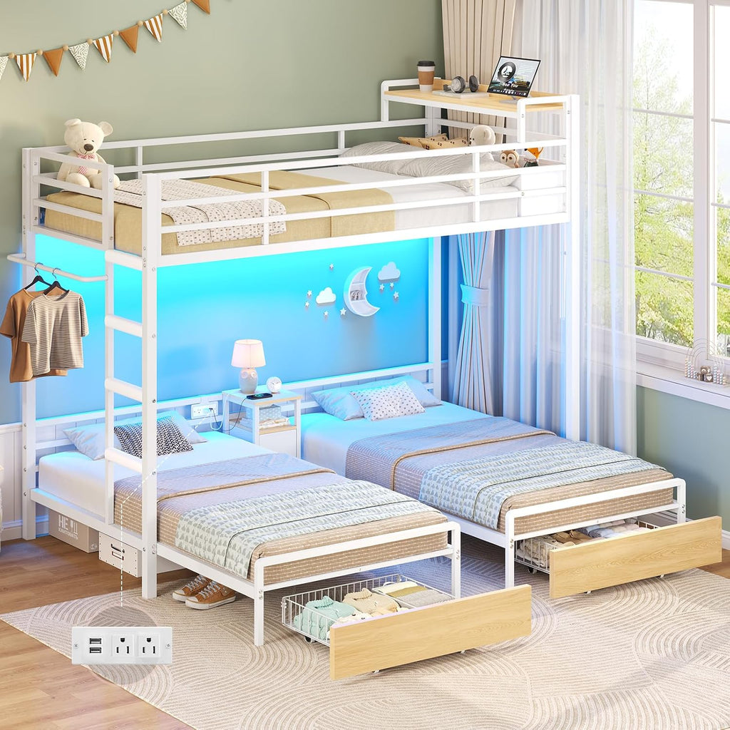 Triple Bunk Bed with Storage Drawers and Bedside Shelf, Twin Over Twin Bunk Bed for Kids/Teens with LED Lights and Charging Station, Heavy Duty Metal Bunk Beds with Safety Guardrail and Ladder, White