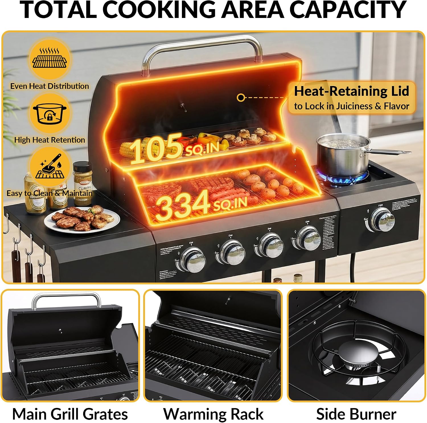MAGIC UNION 4-Burner Propane Gas Grill with Side Burner, Portable Outdoor BBQ Grill with Wheels, Stainless Steel Grates, Side Tables & Spice Rack, 50000 BTU for Patio, Camping & Outdoor Cooking