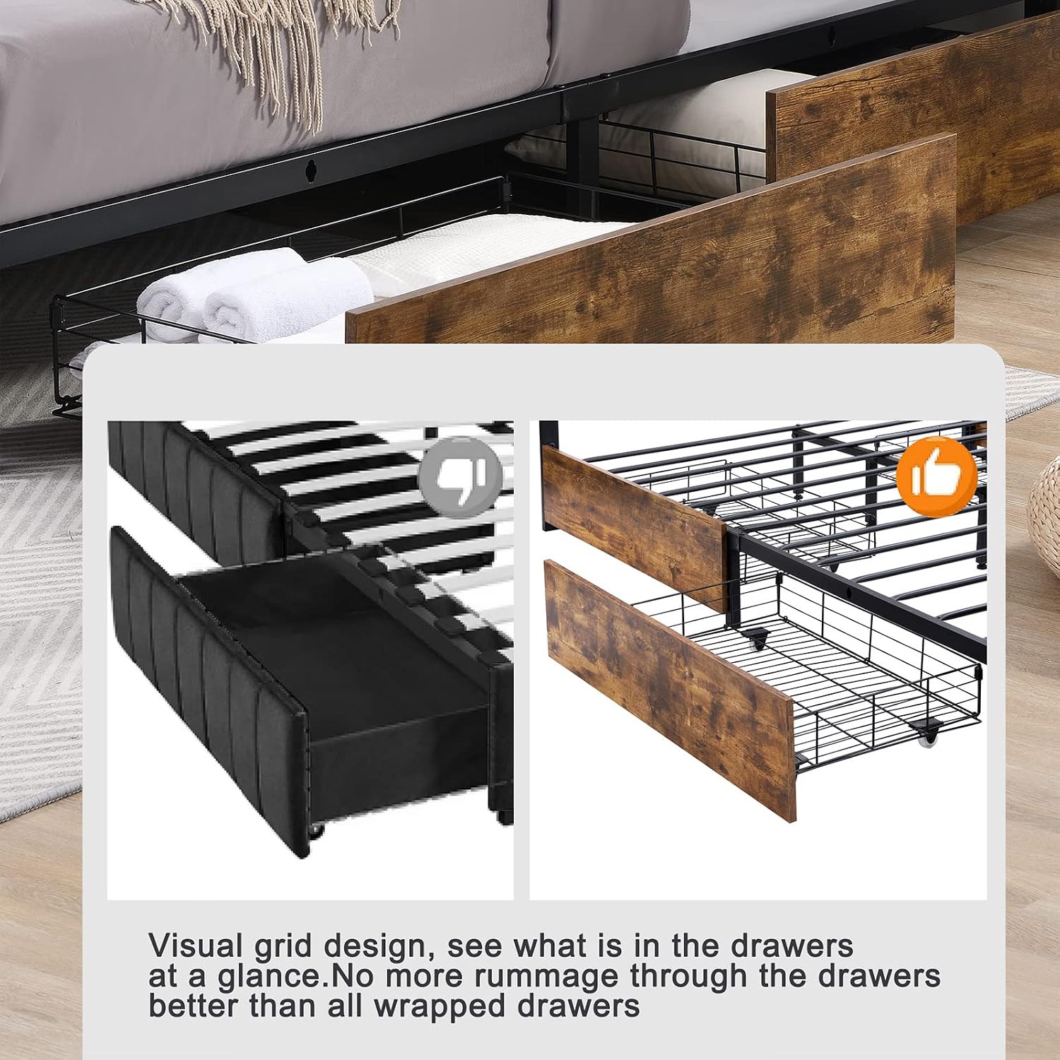 Ailisite Farmhouse Twin Size Bed Frame with Storage and 4 Drawers, Rustic Led Bed Frame with Headboard and Charging Station, Metal Twin Platform Bed Frame No Box Spring Needed, Noise Free, Brown