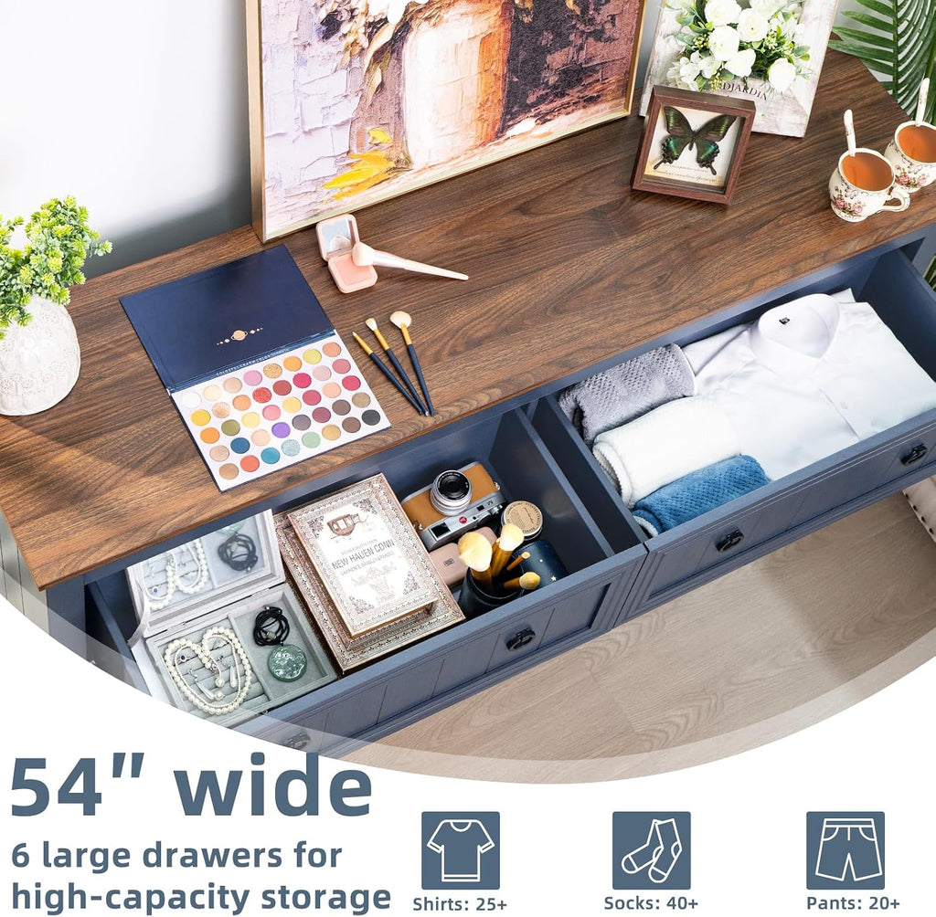 Joaxswe Farmhouse Furniture Set, Nightstands Set of 2 and 6 Drawers Dresser for Bedroom, 54 Inch Wide Wood Dresser and 18' Night Stands with Charging Station for Bedroom, Living Room, Hallway