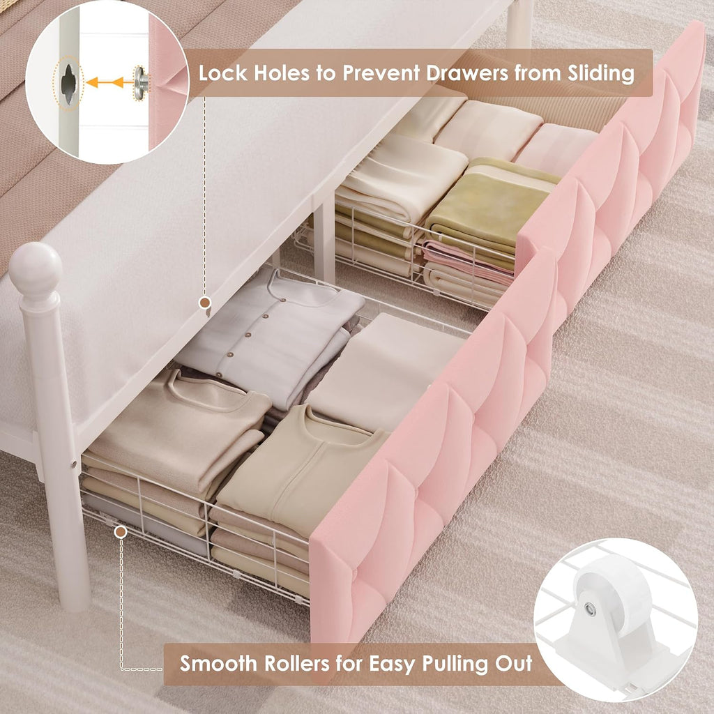 HIFIT Full Size Upholstered LED Canopy Bed Frame with Storage and Charging Station, Button Tufted Storage Headboard with Bookshelf, Two-Use Metal Platform Bed with 4 Removable Posts & 2 Drawers, Pink