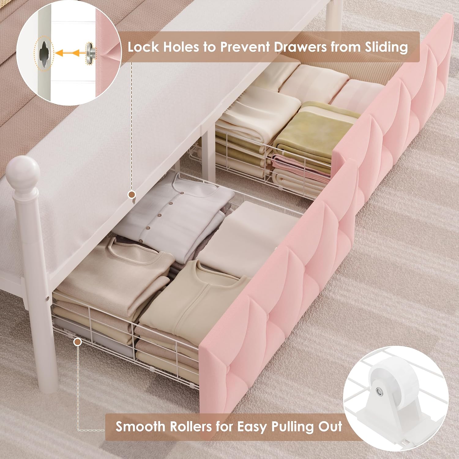 HIFIT Full Size Upholstered LED Canopy Bed Frame with Storage and Charging Station, Button Tufted Storage Headboard with Bookshelf, Two-Use Metal Platform Bed with 4 Removable Posts & 2 Drawers, Pink
