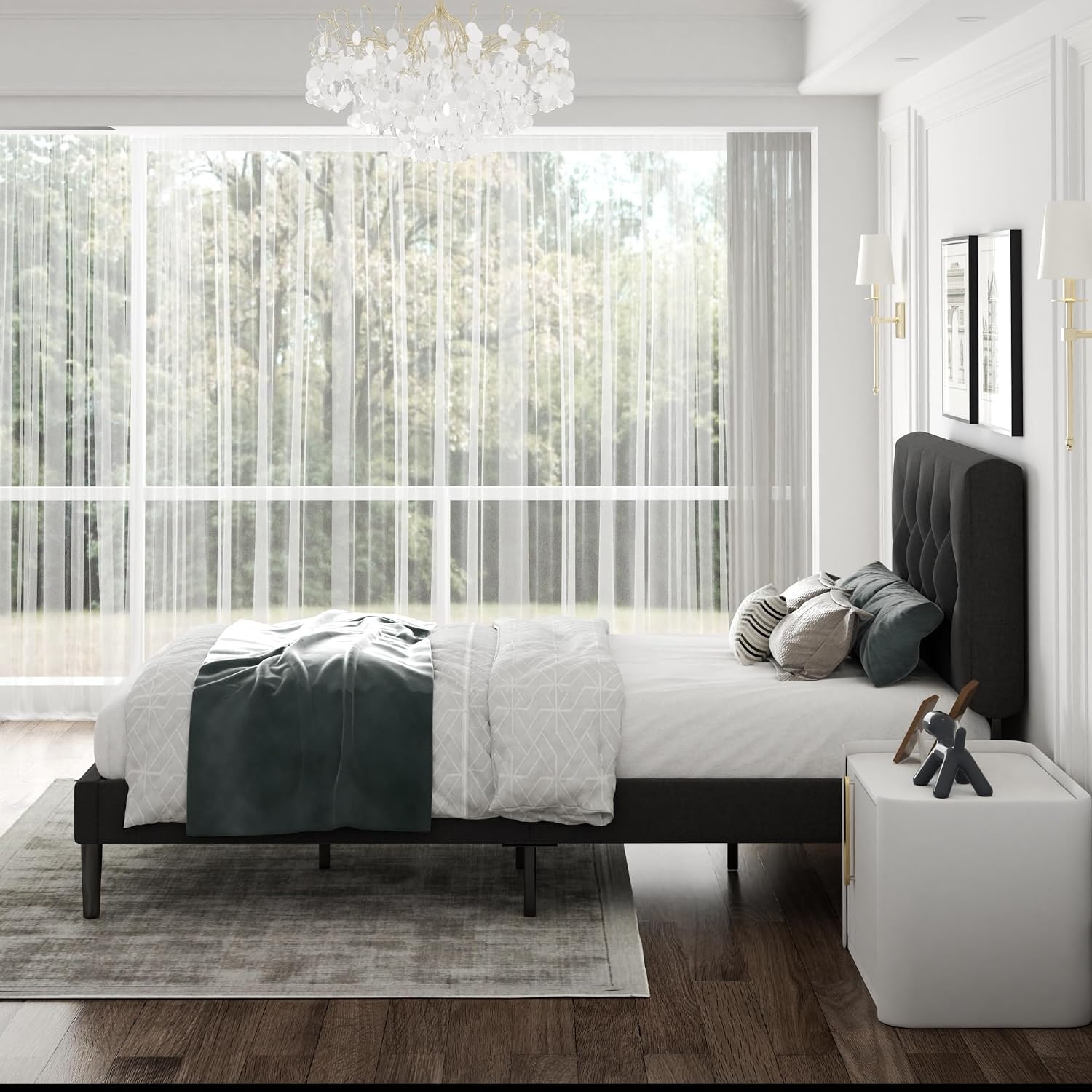 CXVX Twin Size Platform Bed Frame with Upholstered Headboard, Button Tufted Design, Strong Wooden Slats, No Box Spring Needed, Easy Assembly, Noise Free