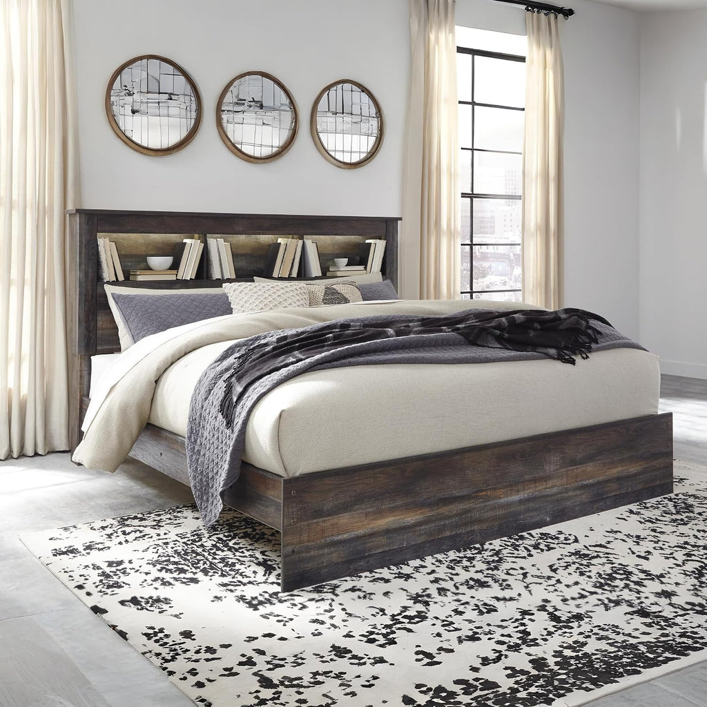 Signature Design by Ashley Drystan Rustic King Bookcase Bed with Open Cubbies and LED Lights, Foundation or Box Spring Needed, Dark Brown & Gray