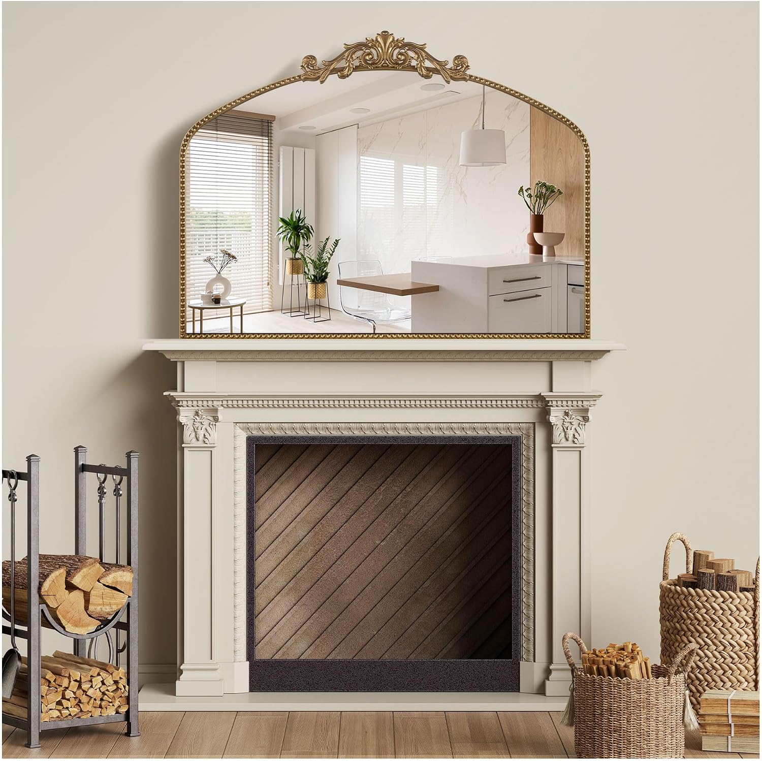 40'x30' Gold Large Antique Mirror, Vintage Baroque Mirror with Ornate Beaded Frame for Home Decor - Living Room, Entryway, Bathroom, Fireplace