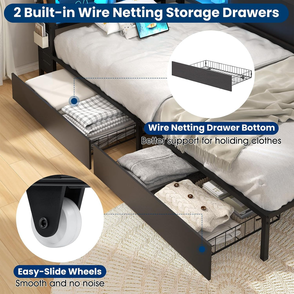 Corner Twin Bed Frame with Storage Drawer & Bookcase Headboard, Twin Size Metal Platform Bed Frame with Charging Station and LED Light, Twin Daybed Multi-Storage for Kids Teens Guest, Black