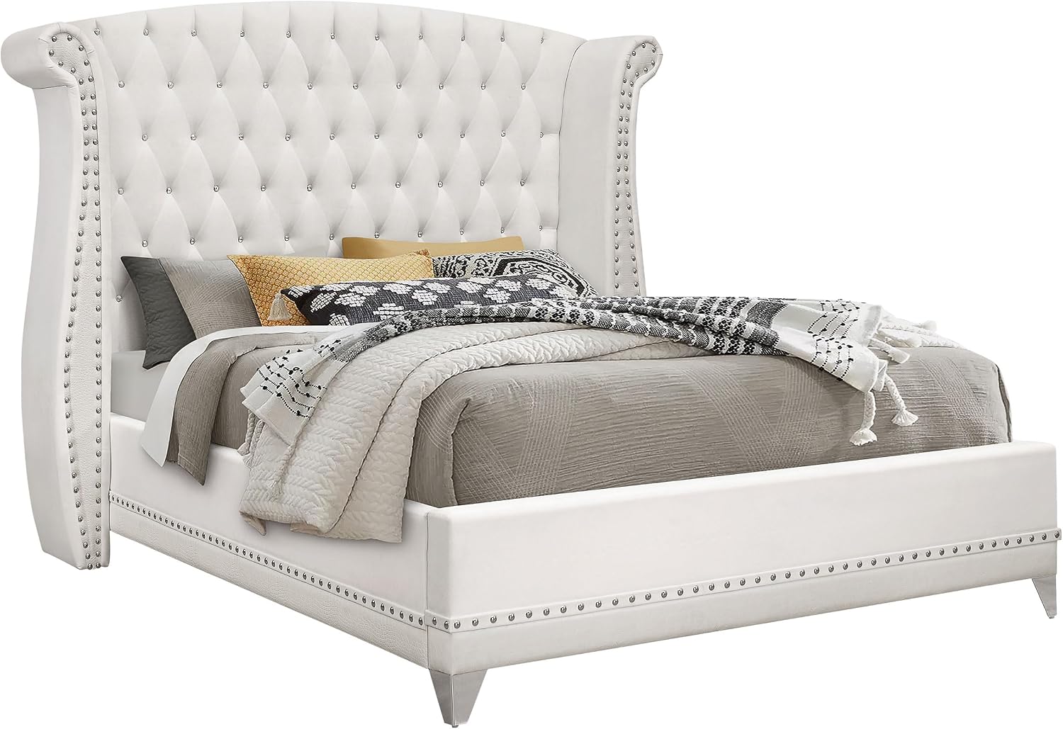 Coaster Home Furnishings Barzini Modern Classic 5-Piece Bedroom Set Velvet Upholstered Queen Size Wingback Bed Frame 63-inch Headboard White 300843Q-S5