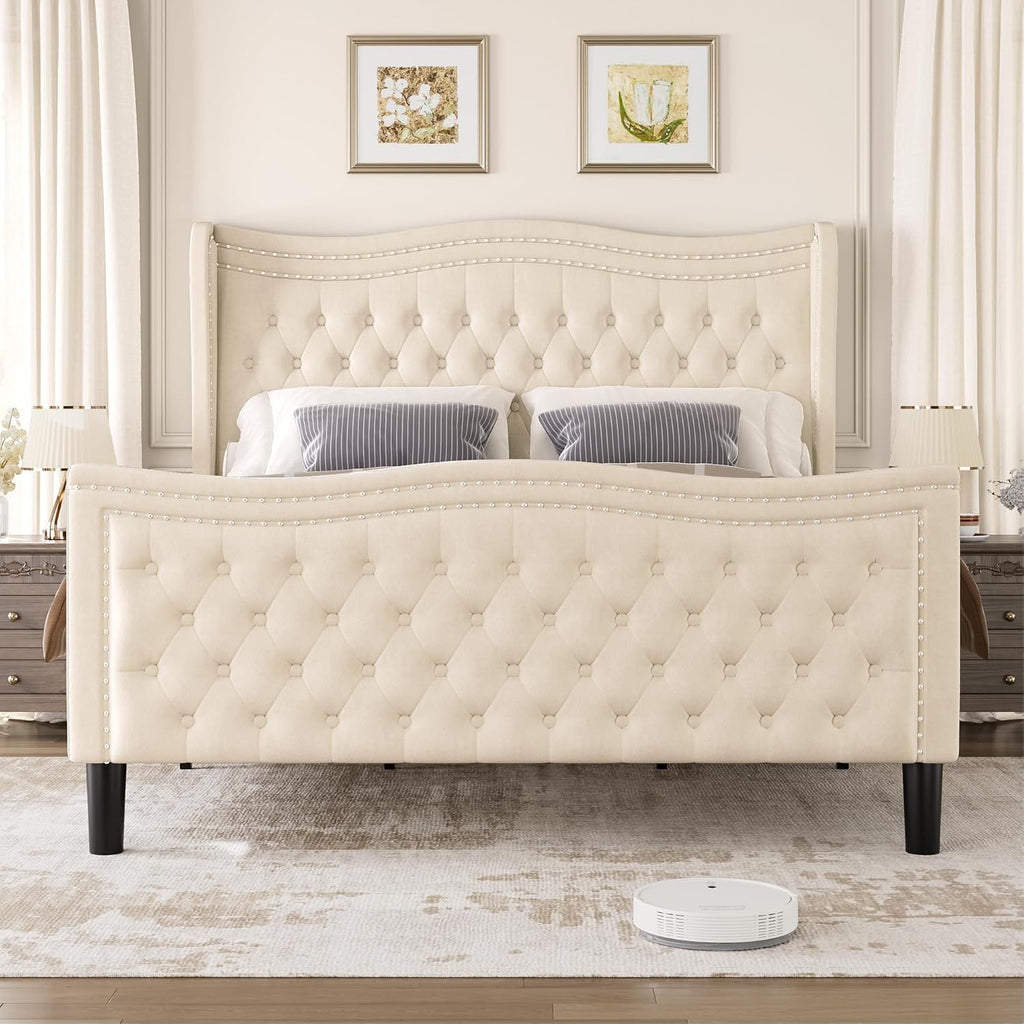 Queen Bed Frame with Tall Headboard & Footboard, Velvet Upholstered Platform Bed Frame with Deep Button Tufted Wingback, No Box Spring Needed, Noise Free, Beige