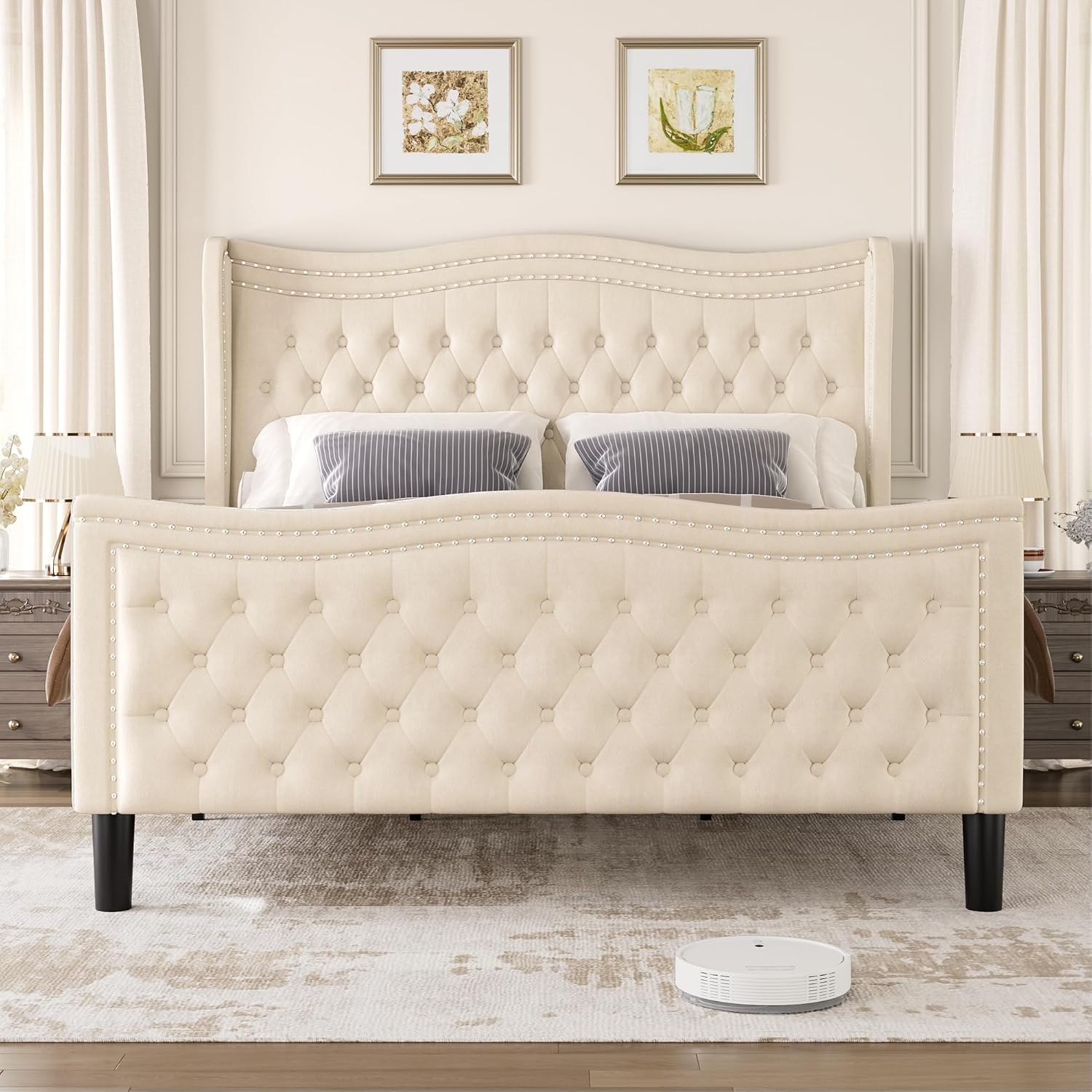 Queen Bed Frame with Tall Headboard & Footboard, Velvet Upholstered Platform Bed Frame with Deep Button Tufted Wingback, No Box Spring Needed, Noise Free, Beige