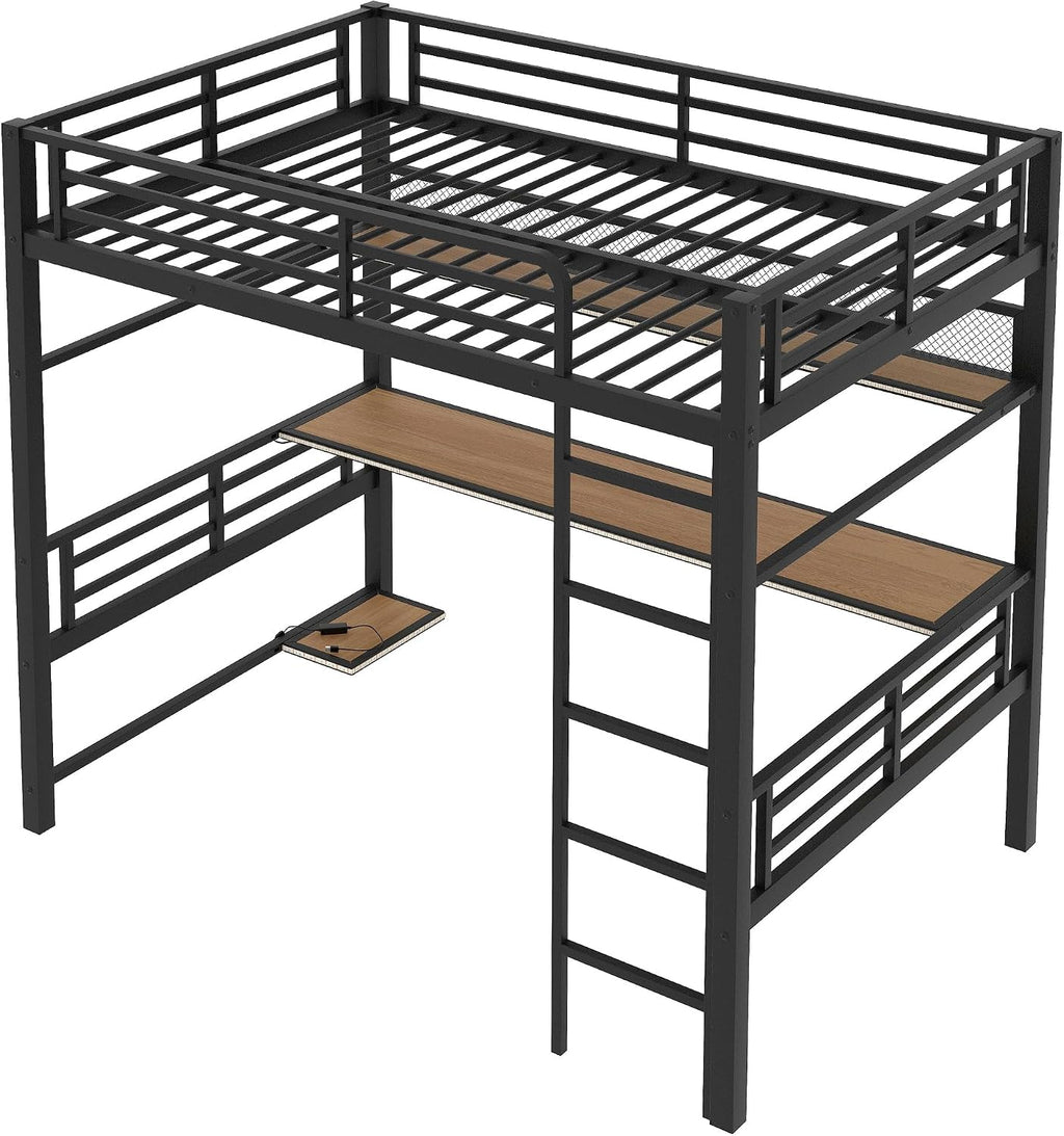 Ball & Cast Modern Full Size Loft Bed with Storage Shelve & LED Light,Metal Bedframe W/Built-in Desk & Computer Host Shelf,Space Saving,Child's and Adults' Bedroom Furniture for Studying Working,Black