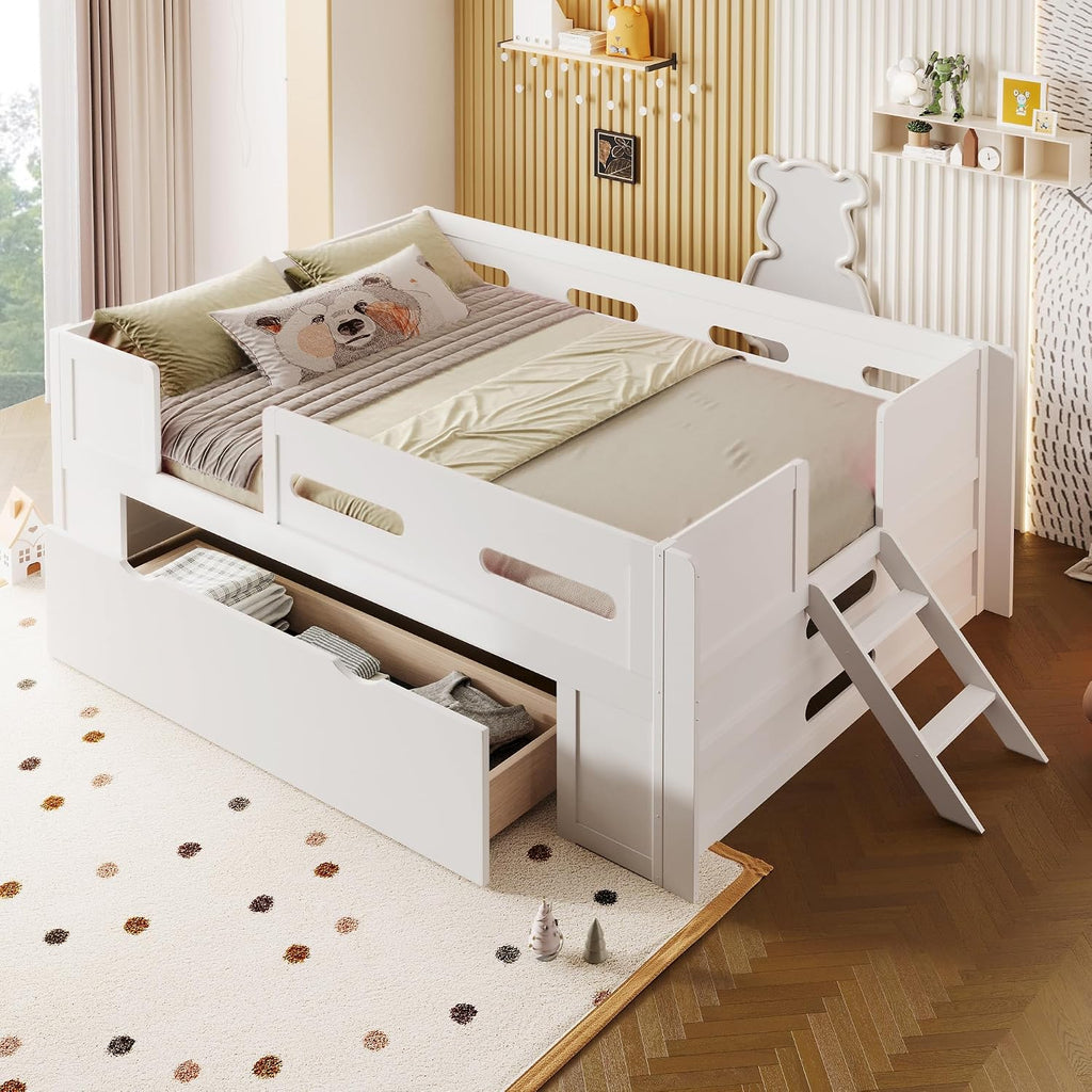 VilroCaz Modern Twin Size Platform Bed with Guardrail and Large Drawer, Wood Kids Platform Bed Frame with Two-Step Ladder for Boys Girls, Sturdy Slats Support (White-1.12T)