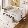 VilroCaz Modern Twin Size Platform Bed with Guardrail and Large Drawer, Wood Kids Platform Bed Frame with Two-Step Ladder for Boys Girls, Sturdy Slats Support (White-1.12T)