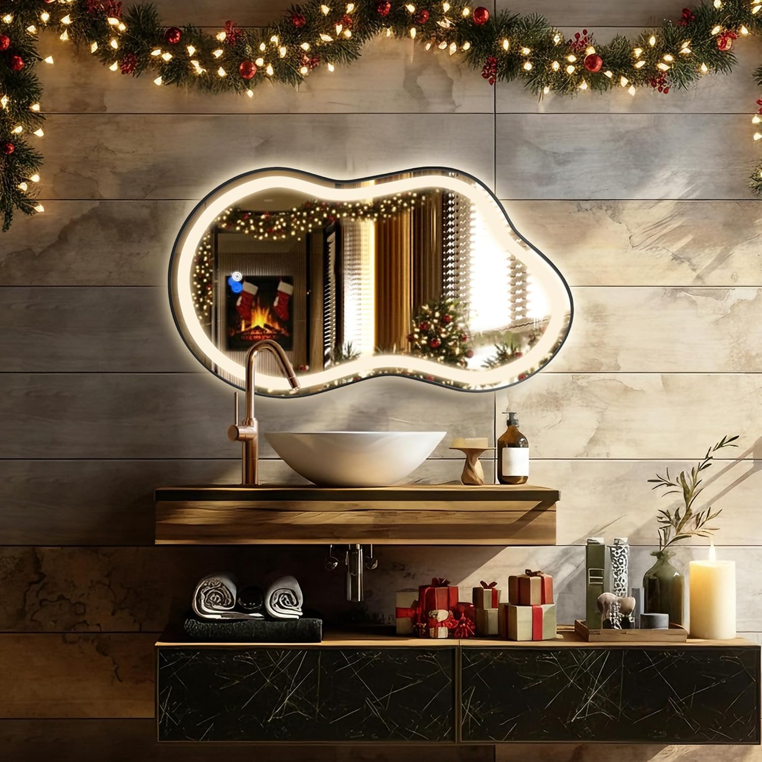 Irregular LED Bathroom Mirror with Lights, Cloud Smart Backlit Mirror, Dimmable Lighted Bathroom Mirror with Anti-Fog, Asymmetrical Vanity Mirror Hangable 2 Ways (Black, 24' x 36', 1 Pack)