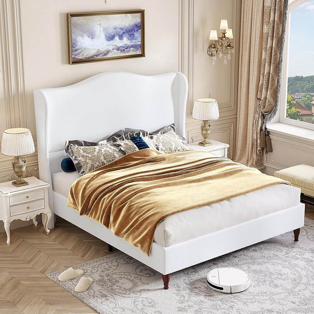 koorlian Full Size Bed Frame with 51' Tall Headboard, Fully Upholstered Platform Bed Frame with with Soft Fabric, Sleigh Wingback, Solid Wood Retro Legs, Modern Minimalist Style, Easy Assembly, White