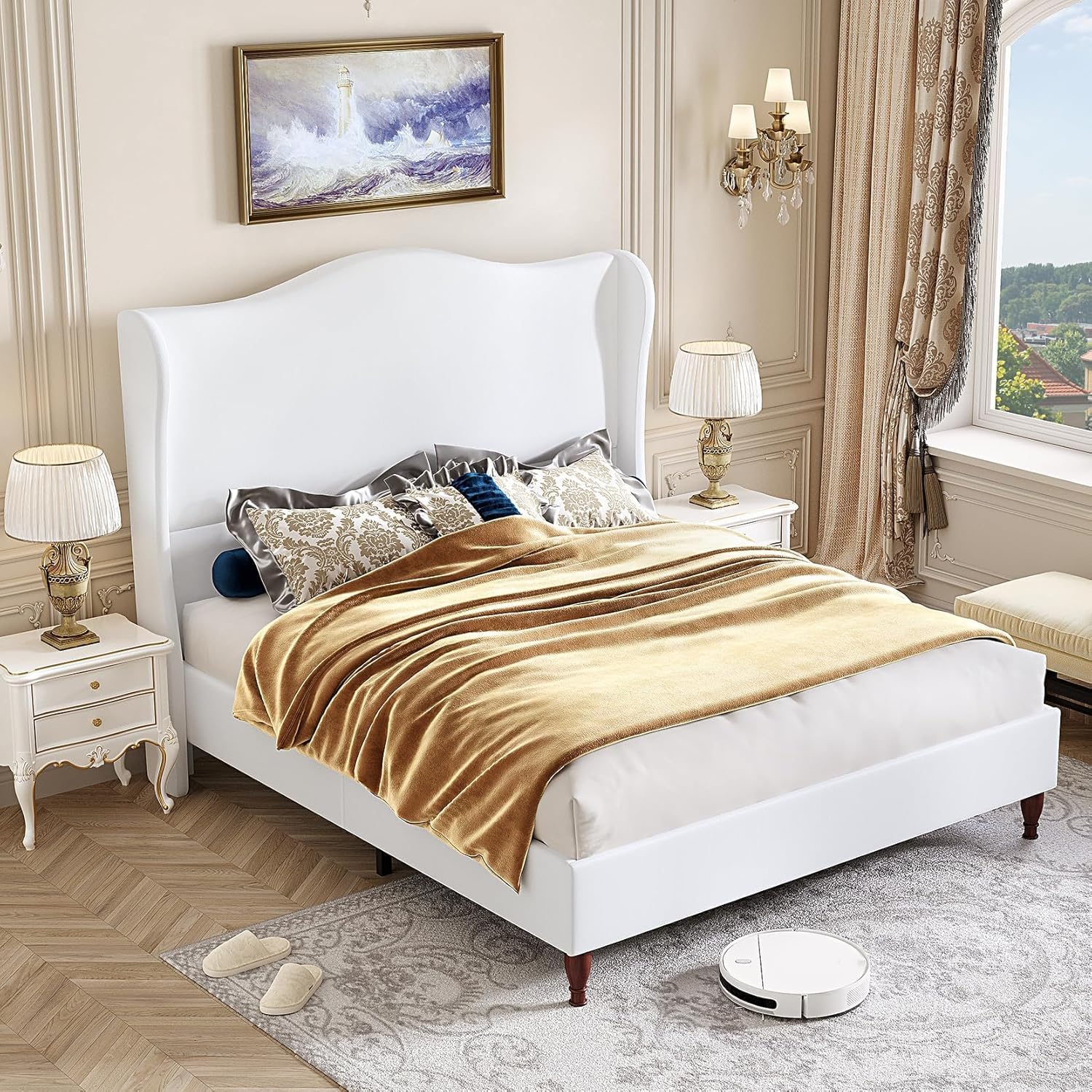 koorlian King Size Bed Frame with 51' Tall Headboard, Fully Upholstered Platform Bed Frame with with Soft Fabric, Sleigh Wingback, Solid Wood Retro Legs, Modern Minimalist Style, Easy Assembly, White