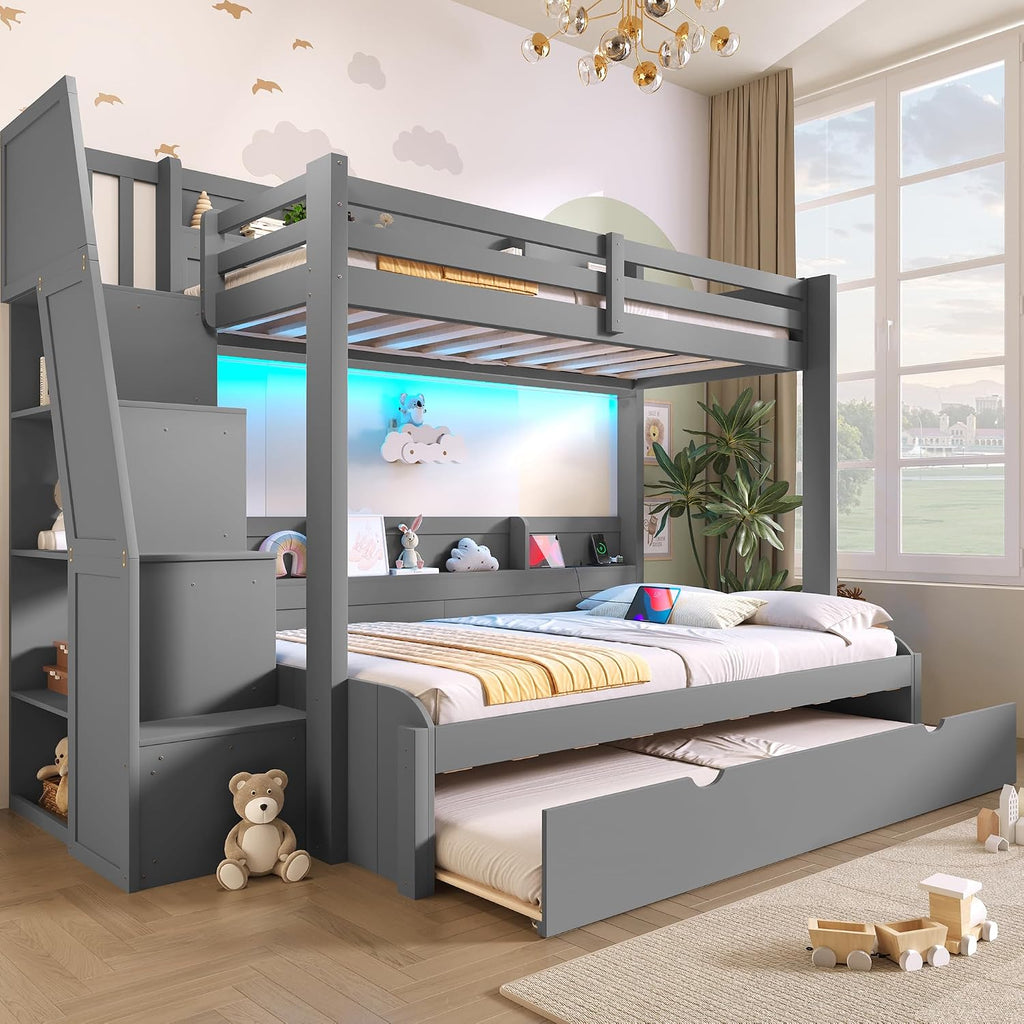 Twin Over Full Bunk Bed with Storage Staircase and Trundle,Storage Shelves, LED and USB,for Kids Teens Adults Bedroom Use (Grey-USB, Twin Over Full)