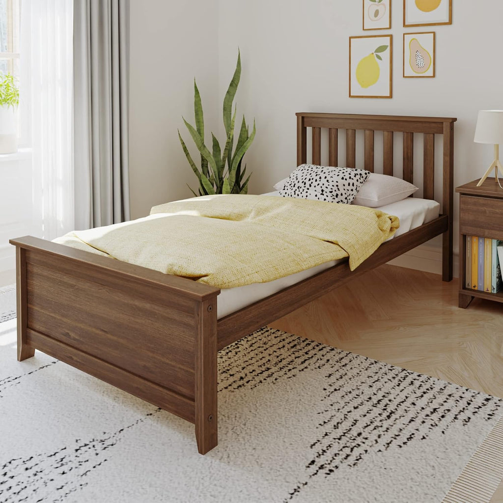 Max & Lily Twin Bed Frame with Slatted Headboard, Solid Wood Platform Bed for Kids, No Box Spring Needed, Easy Assembly, Walnut