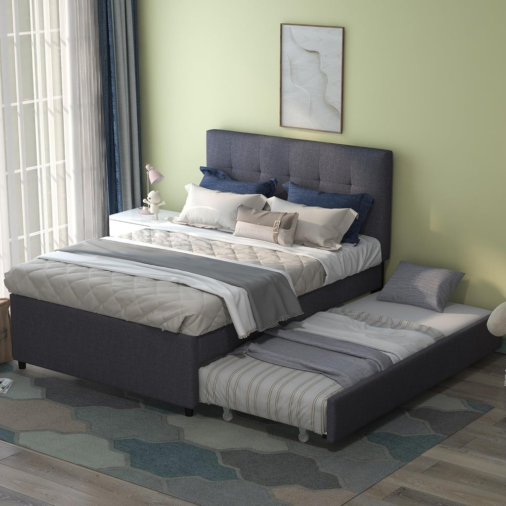 civama Full Bed with Trundle, Upholstered Full Over Twin Pull Out Platform Bed with Soft Linen Headboard & Wooden Slat Support for Bedroom Apartment, No Box Spring Needed, Grey