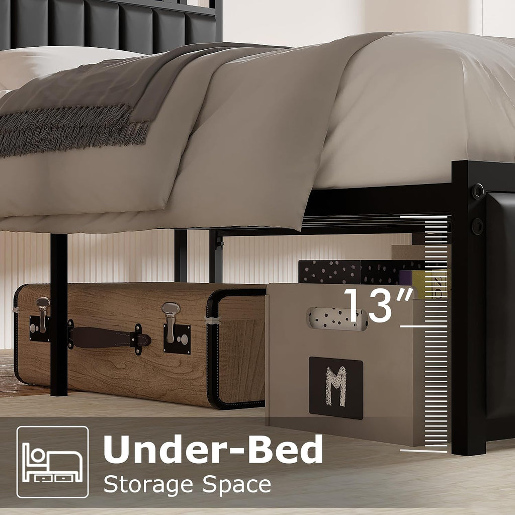 VECELO Twin Bed Frame, Storage Upholstered Headboard with Charging Station, Platform Bedframe, Heavy Duty Metal Slats, No Box Spring Needed, Noise-Free, Easy Assembly, Dark Black