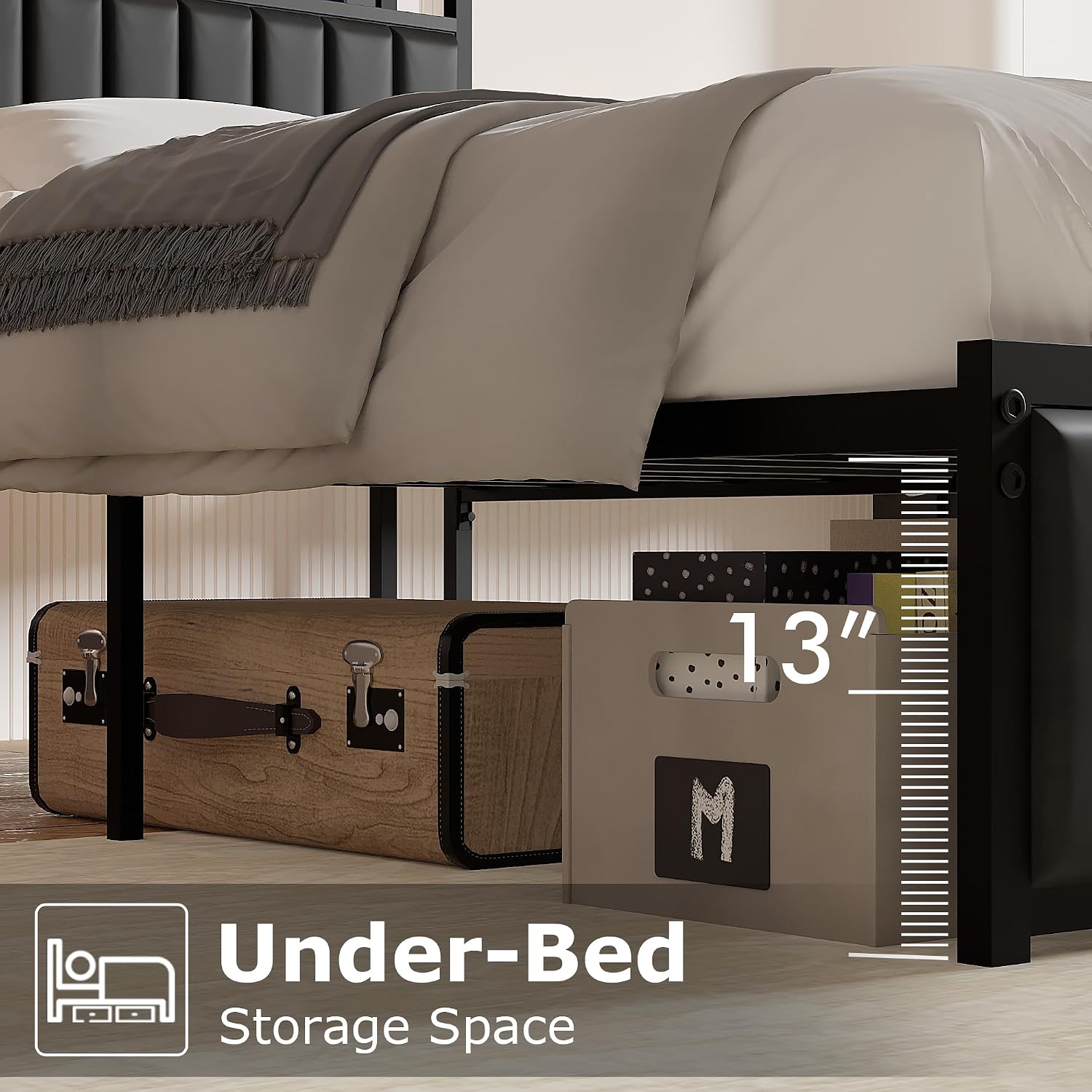VECELO Twin Bed Frame, Storage Upholstered Headboard with Charging Station, Platform Bedframe, Heavy Duty Metal Slats, No Box Spring Needed, Noise-Free, Easy Assembly, Dark Black