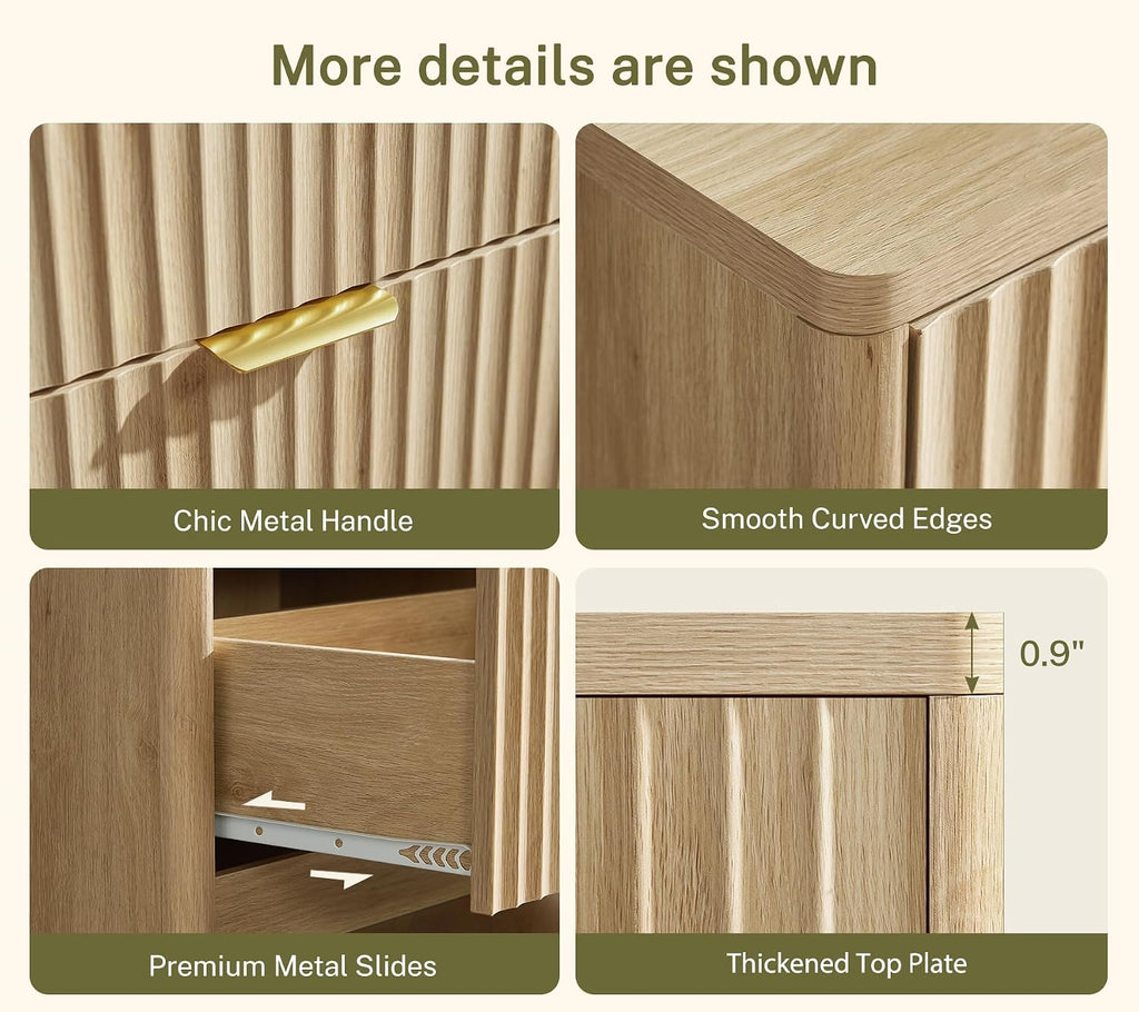 TEENFON 56.3'' Dresser for Bedroom with 6 Drawers, Dressers & Chest of Drawers with Curved Profile Design, 6 Drawer Dresser, Fluted Dressers, Wood Dressers for Bedroom, Living Room, Natural