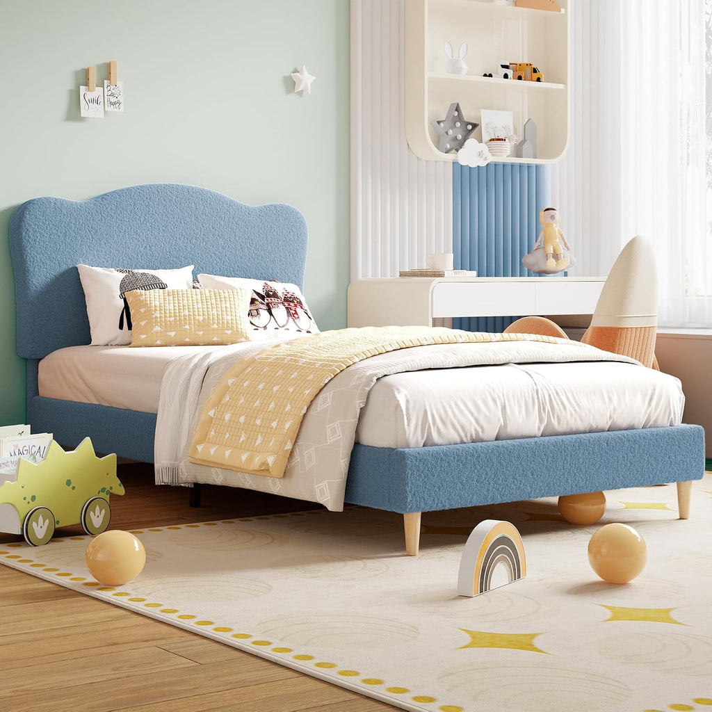 GarveeHome Upholstered Twin XL Size Bed Frame for Kids with Scallop Headboard, Cute Velvet Twin XL Bed for Girls, Boys, Sturdy Platform Bed, No Box Spring Needed, Wooden Slats, Noise Free, Blue