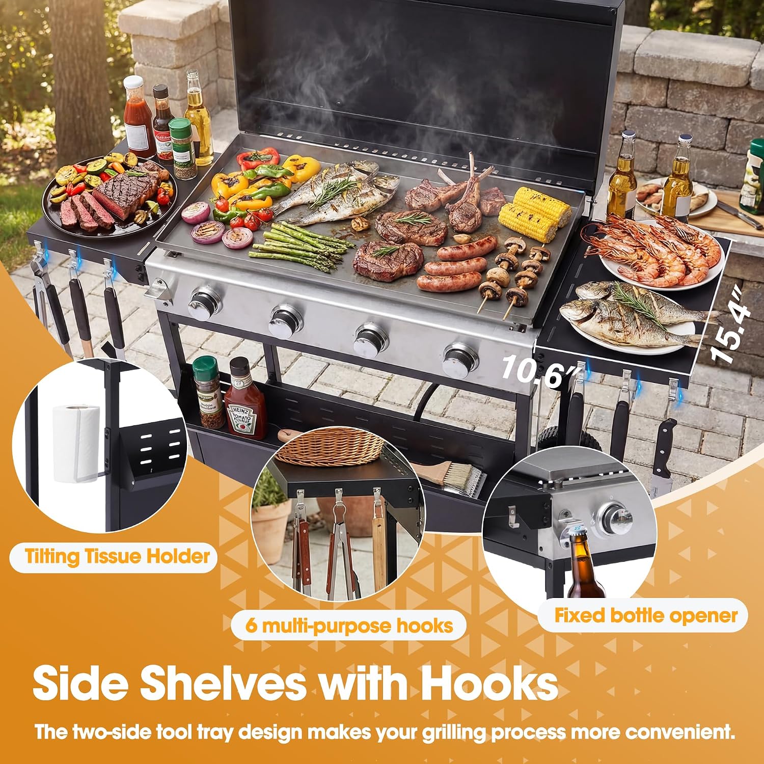 4-Burner Propane Gas Griddle with Removable Stand, 40,000 BTU Flat Top Grill with 455 sq.in Cooking Area, Portable Outdoor BBQ Grill w/Foldable Side Tables, Wheels for Patio, Backyard, Camping