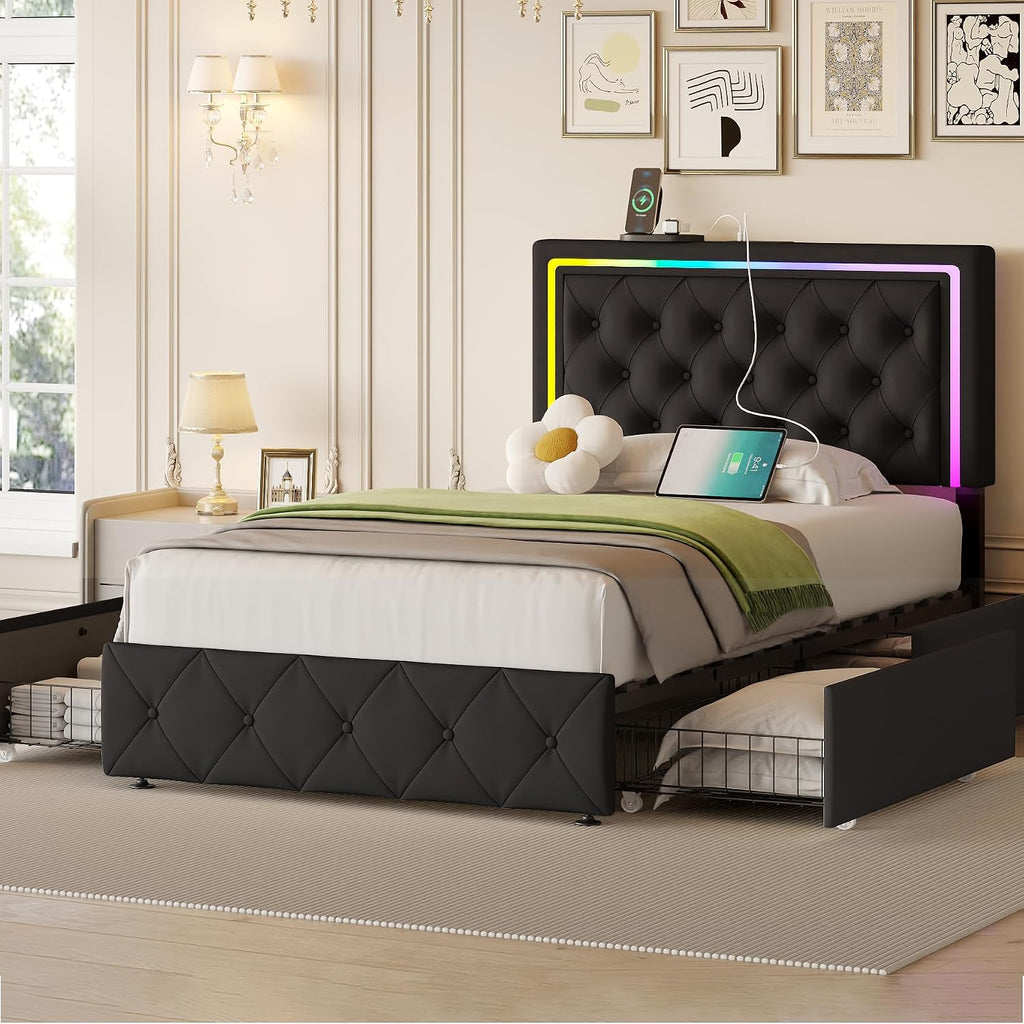 LED Twin Bed Frames with Headboard and Storage,Twin Size Bed Frames with 4 Storage Drawers and LED Lights,Velvet Upholstered Platform Twin Bed Frame with Charging Station,No Box Spring Needed,Black