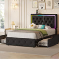 LED Twin Bed Frames with Headboard and Storage,Twin Size Bed Frames with 4 Storage Drawers and LED Lights,Velvet Upholstered Platform Twin Bed Frame with Charging Station,No Box Spring Needed,Black
