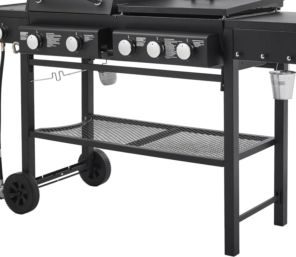 All in One Propane Gas Grill and Griddle Combo, 5 Burners 56000 BTU, 745 Sq.In Cooking Space, Side Burner, Storage Shelves, Wheeled Freestanding Outdoor Grill for Backyard and Patio Cooking