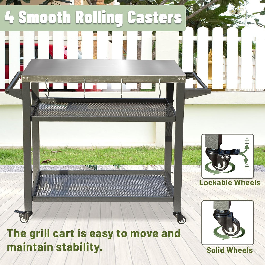 Domi 3-Shelf Outdoor Grill Table, Grill Cart with Wheels, Outdoor Pizza Oven and Food Prep Table, Blackstone with Stainless Steel Tabletop, BBQ Stand for Blackstone Griddle for Outside BBQ