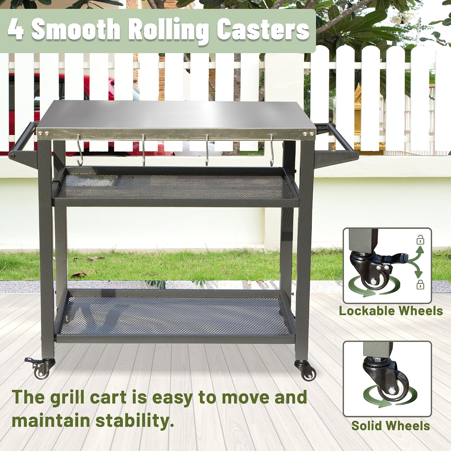 Domi 3-Shelf Outdoor Grill Table, Grill Cart with Wheels, Outdoor Pizza Oven and Food Prep Table, Blackstone with Stainless Steel Tabletop, BBQ Stand for Blackstone Griddle for Outside BBQ
