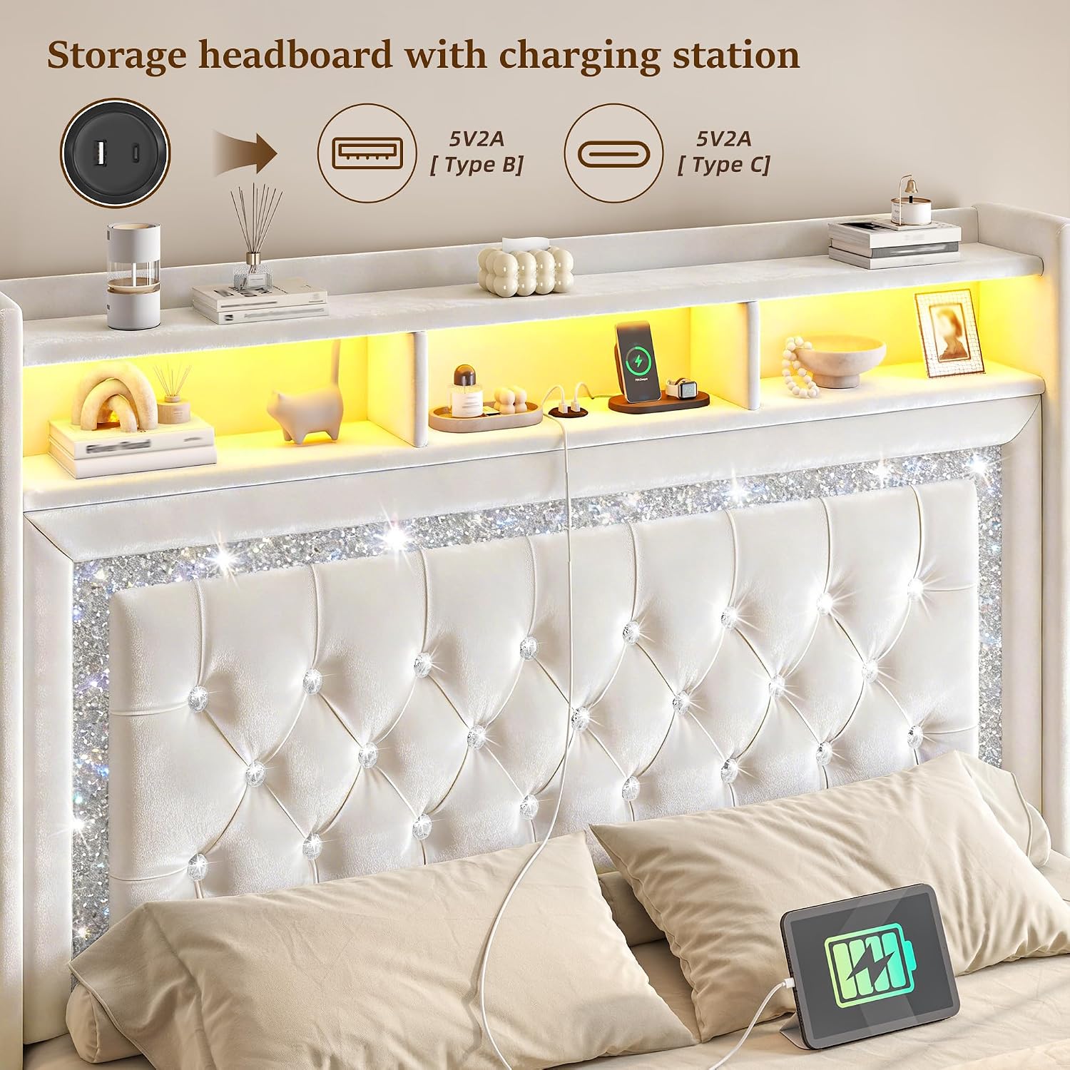 Homkdom Floating Bed Frame Queen with LED Lights & Charging Station, Upholstered Queen Bed Frame with Tall Velvet Storage Headboard, Heavy Duty Metal Slats/No Box Spring Needed/No Noise, Modern,Beige