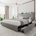 Einhomn Upholstered King Size Bed Frame with 4 Storage Drawers, Modern Platform Bed with Wingback Headboard, Charging Station, No Box Spring Needed, Light Grey
