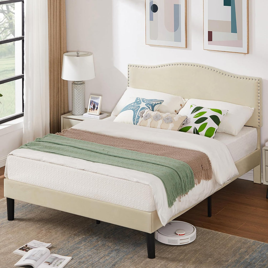 VECELO Full Bed Frame, Platform Bed Frame with Adjustable Height Upholstered Headboard, Heavy-Duty Frame and Strong Wooden Slats Support, Non-Slip and Noise-Free, Easy Assembly, Beige