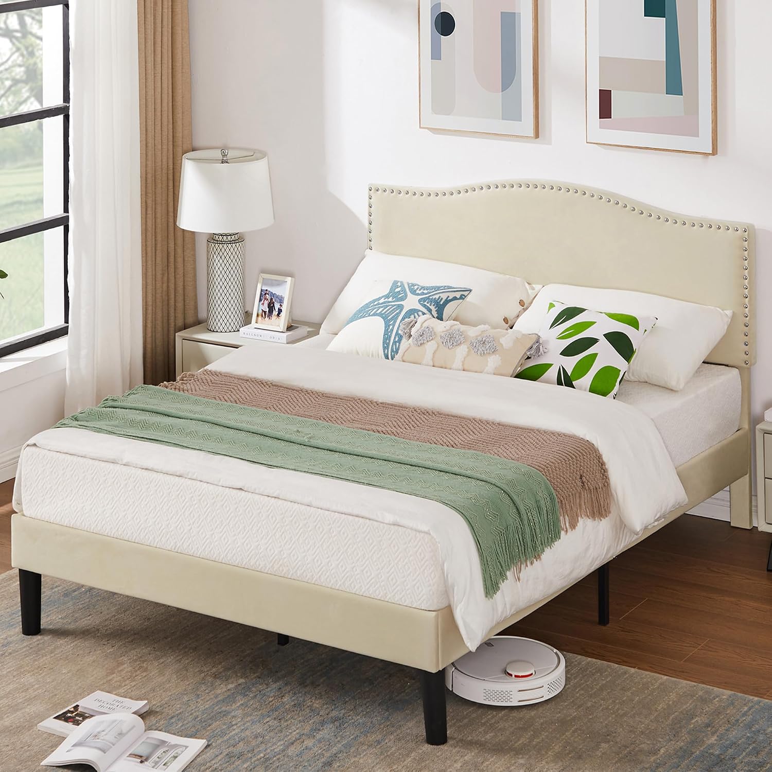 VECELO Full Bed Frame, Platform Bed Frame with Adjustable Height Upholstered Headboard, Heavy-Duty Frame and Strong Wooden Slats Support, Non-Slip and Noise-Free, Easy Assembly, Beige