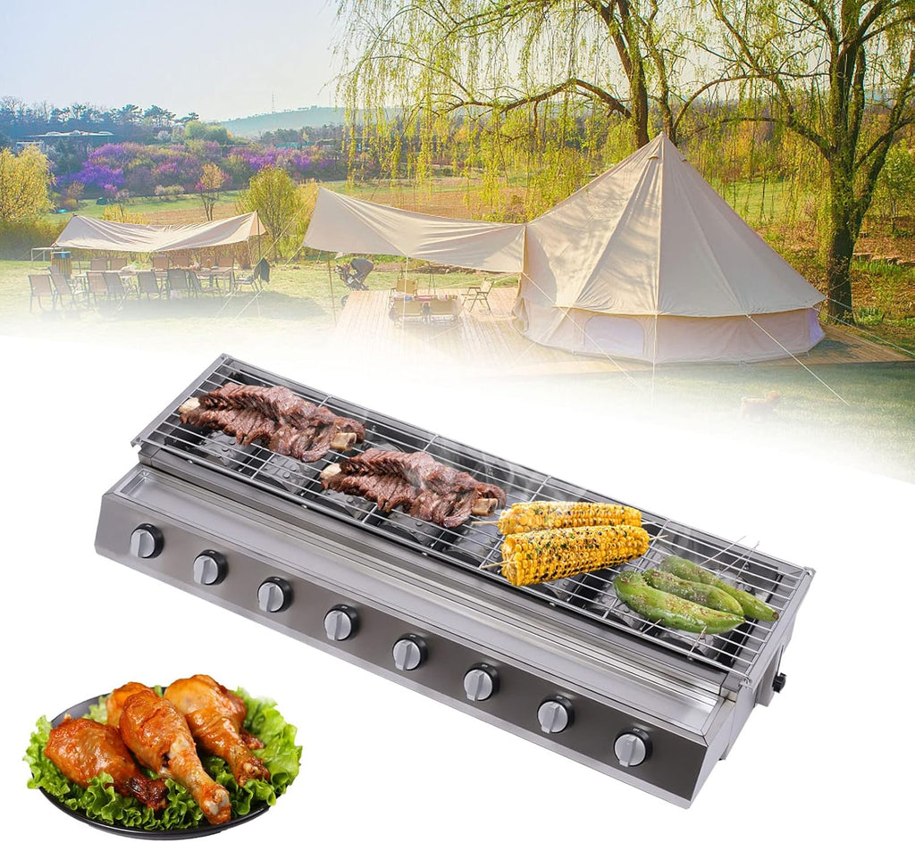 8 Burner BBQ Gas Grill, Stainless Steel LPG Propane Indoor Steak Grill Countertop Flat Top Griddle Tabletop Patio Garden Barbecue Grill with Removable Grill Net for Kitchen, Height Adjustable