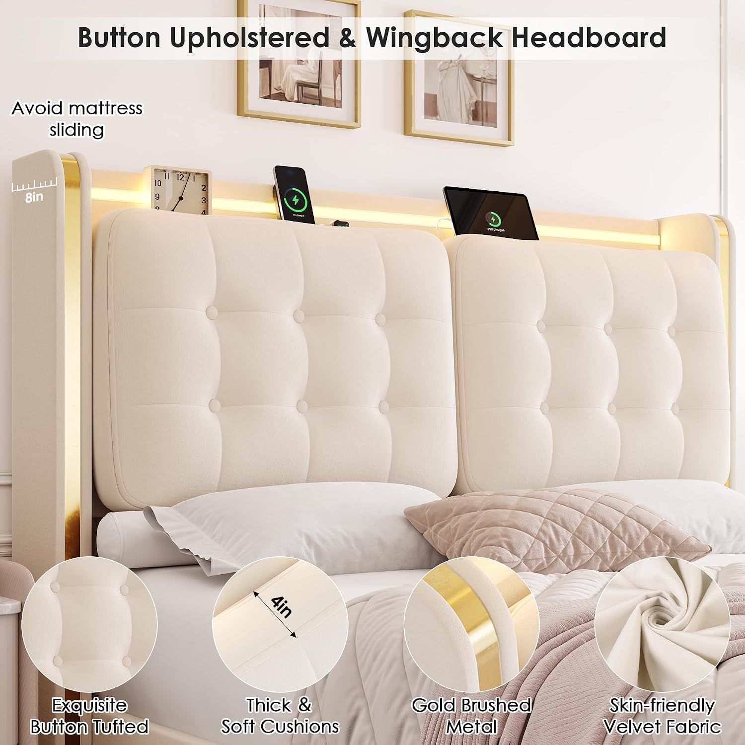 HIFIT Upholstered LED Queen Size Bed Frame with Storage and Charging Station, Lavish Wingback Headboard with Fluffy Tufted Cushions, Modern Velvet Queen Platform Bed Frame with 2 Large Drawers, Beige