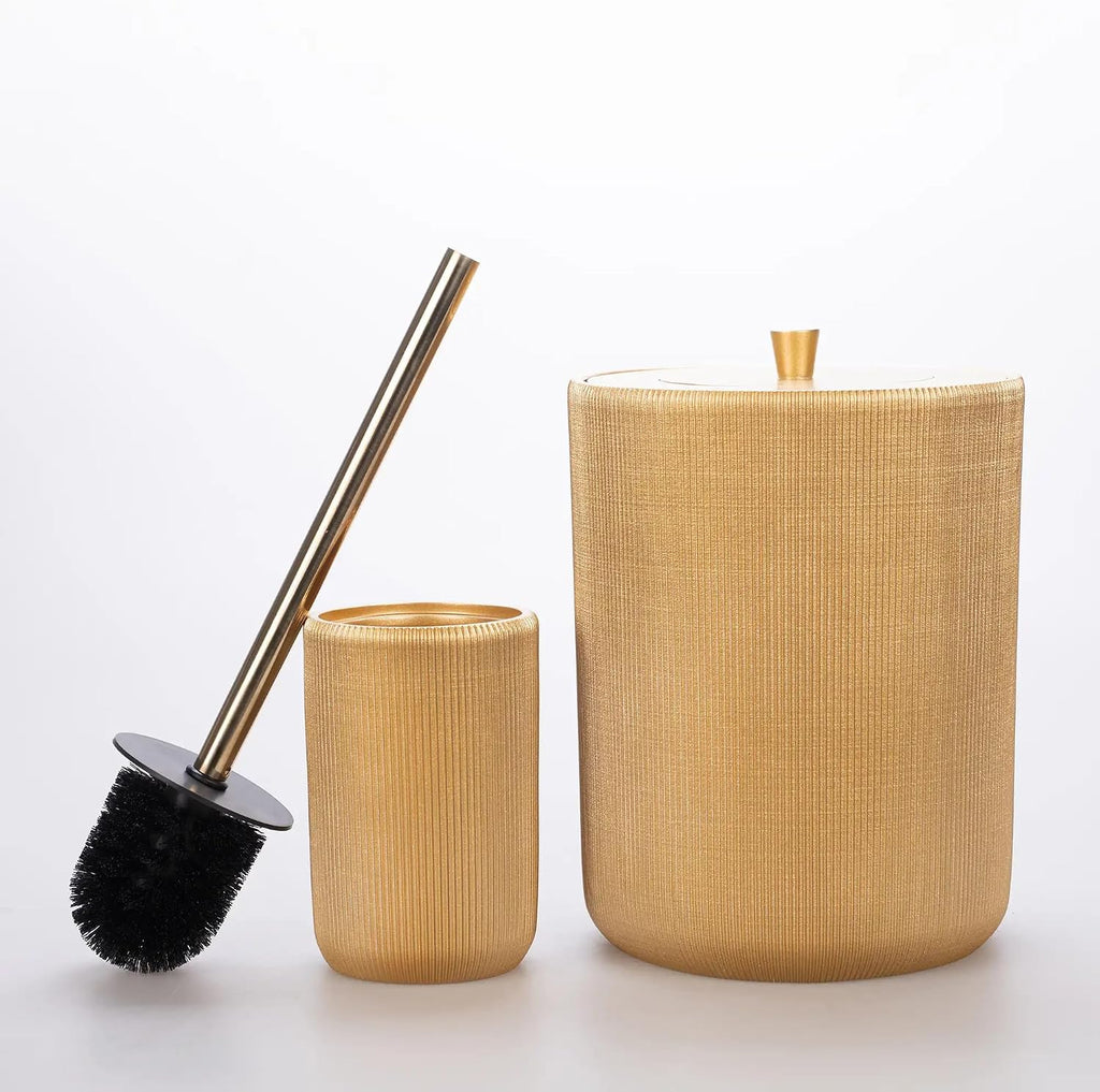 Lydia Collection 5-Piece Resin Bathroom Accessories Set – Toilet Brush Holder, Waste Bin, Soap Dispenser, Tray & Toothbrush Holder (Gold)