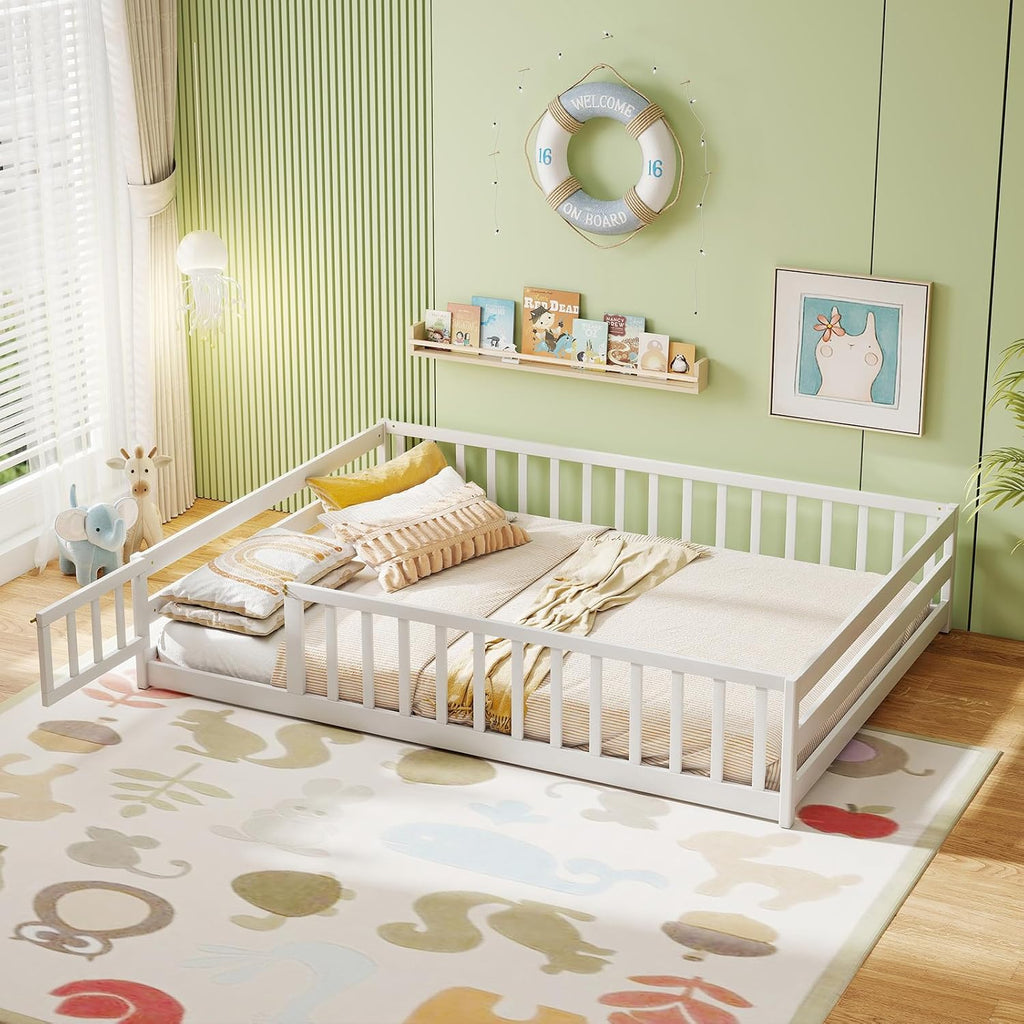 KOMFOTT Full Size Wood Floor Bed with Door & Fence, Montessori Bed Frame with Full Length Safety Guardrails, Door & Latch, Wooden Montessori Floor Bed for Kids, Girls, Boys (Full,White)