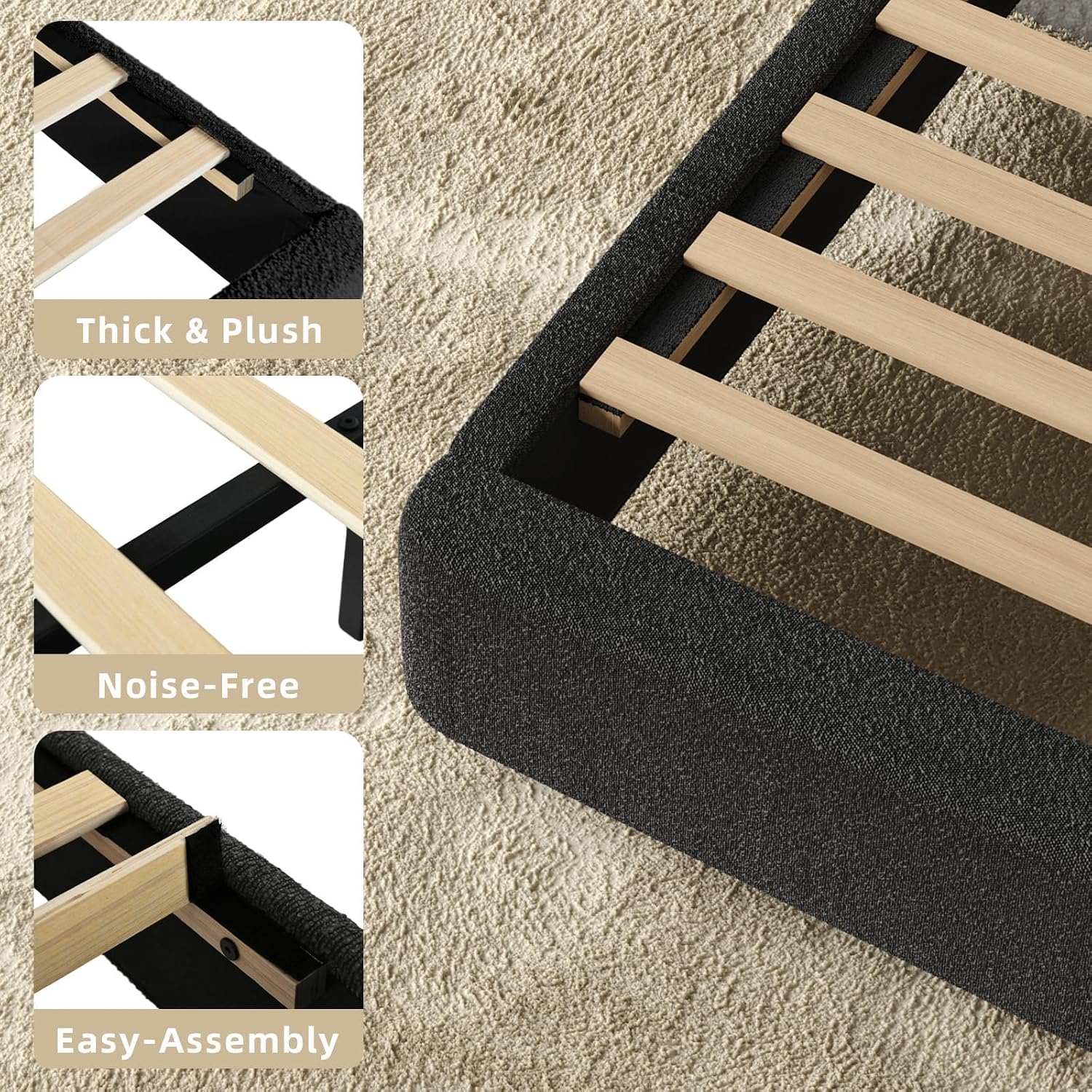 HOMBCK Bed Frame Full Size with Headboard, Boucle Upholstered Full Bed Frame, Soft Bed Frames with Thickened Footboard, Soft Rounded Corners, No Box Spring Needed, Easy Assembly, Black