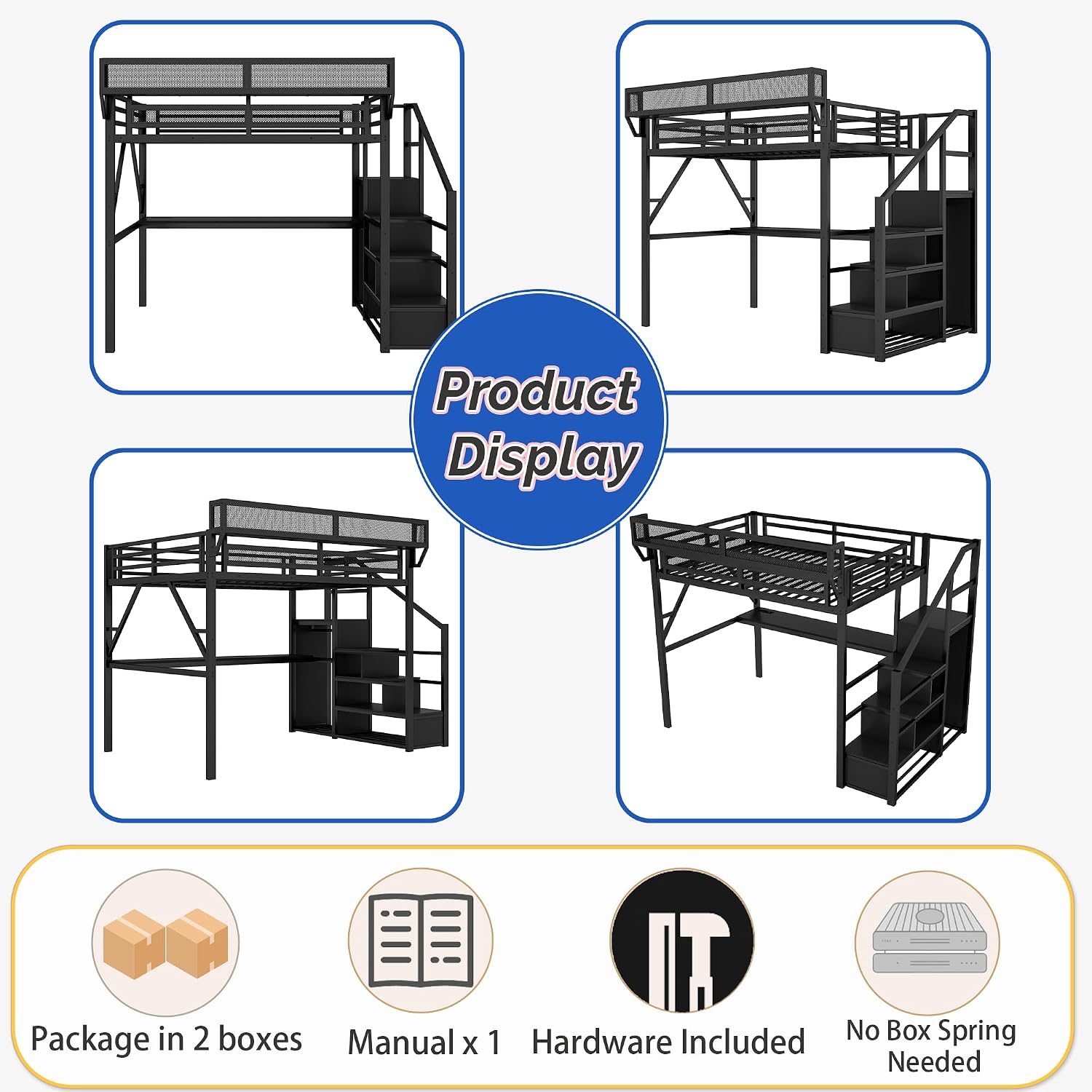 Metal Loft Bed with Desk and RGB LED Lights,Kids Loft Beds with Stairs and Charging Station,Full Size Loft Bed with Storage Shelves for Upper and Wardrobe,Loft Beds Frame for Kids(Black)