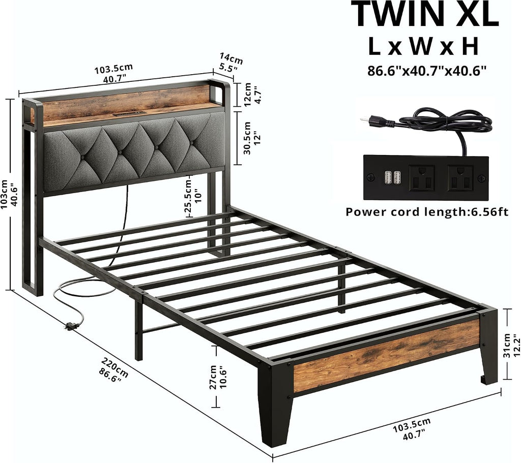 ANCTOR Twin XL Bed Frames, Storage Headboard with Outlets, Easy to Install, Sturdy and Stable, No Noise, No Box Springs Needed - Perfect for a Good Night's Sleep