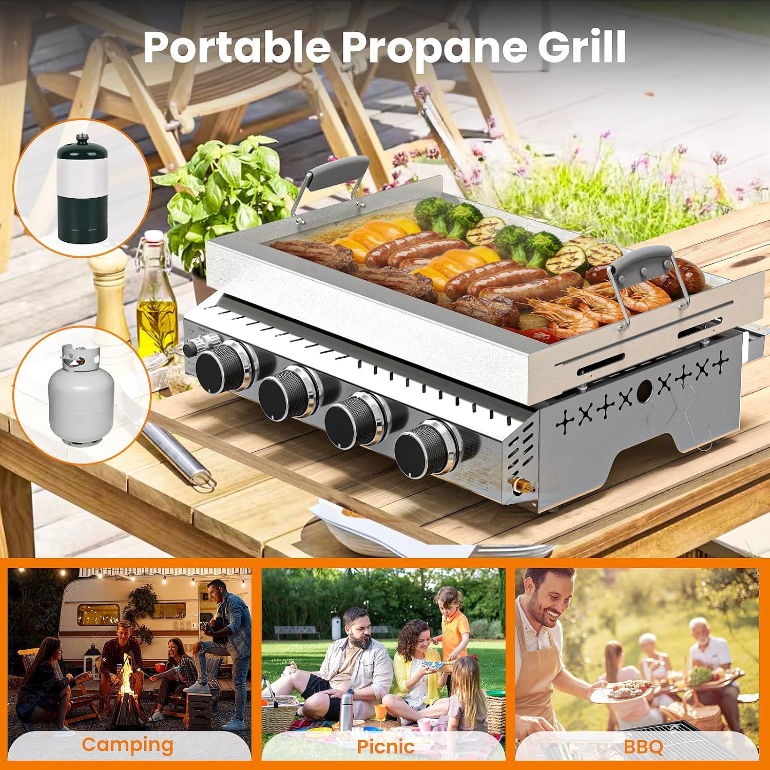 WAA Portable Propane Griddle, 32,000BTU Tabletop Portable Propane Gas Grill with 4 Burners, Stainless Steel Flat Top Grill, Outdoor Cooking for Tailgating,Camping, RVs, BBQ, Patio, Silver