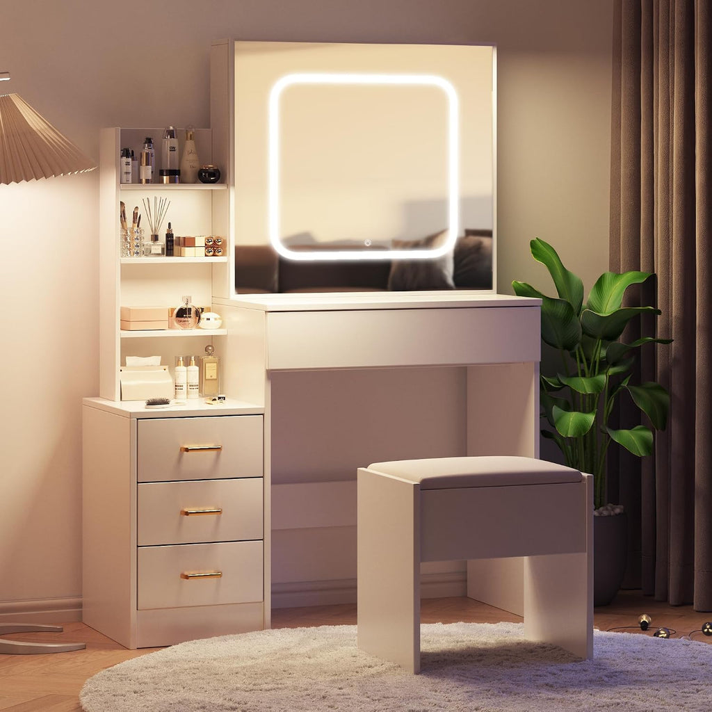 Vanity Desk With Mirror and LED Lights, Makeup Vanity Desk With Sliding Mirror, Power Outlet, 3 Color Adjustable Light, Dressing Table With 4 Drawers, Storage Shelves & Stool for Bedroom, White